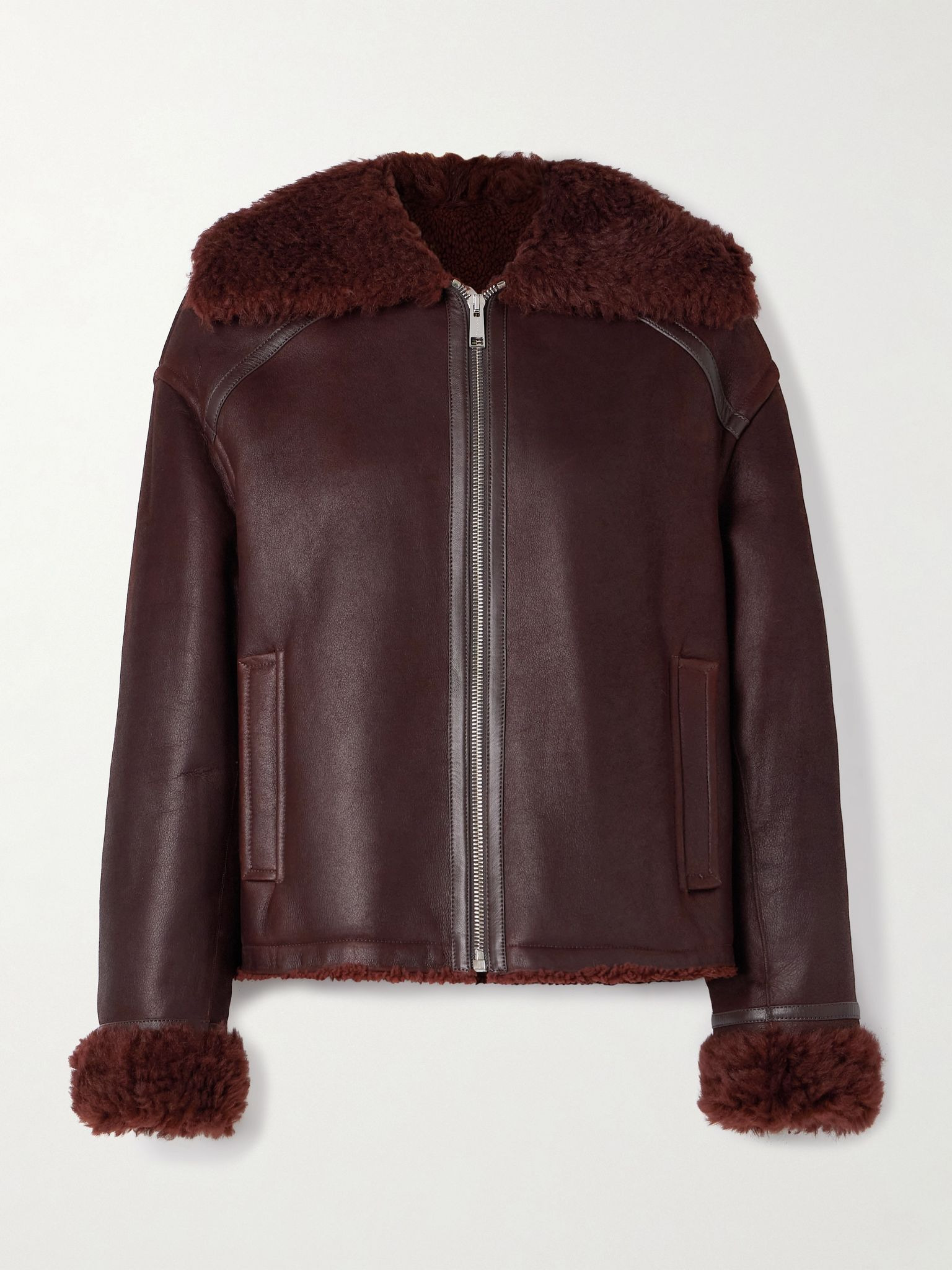 Shearling-trimmed leather jacket Burgundy - 1