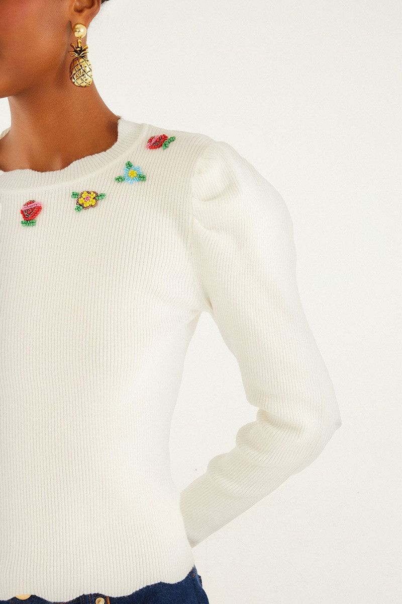 FARM RIO Off-White Flower Embroidery Knit Top outlook