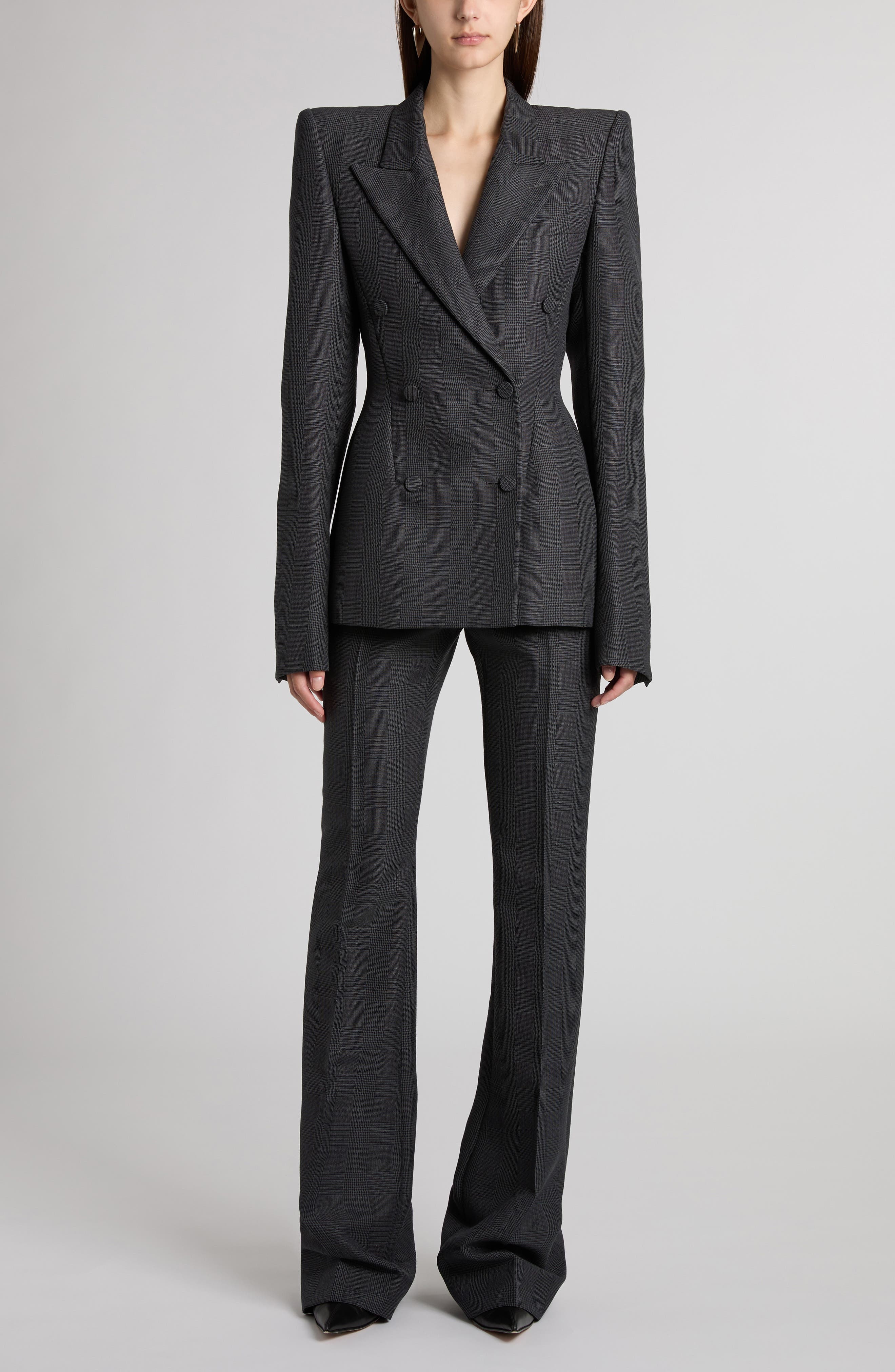 McQueen Glen Plaid Stacked Shoulder Wool & Mohair Blazer in Black - 2