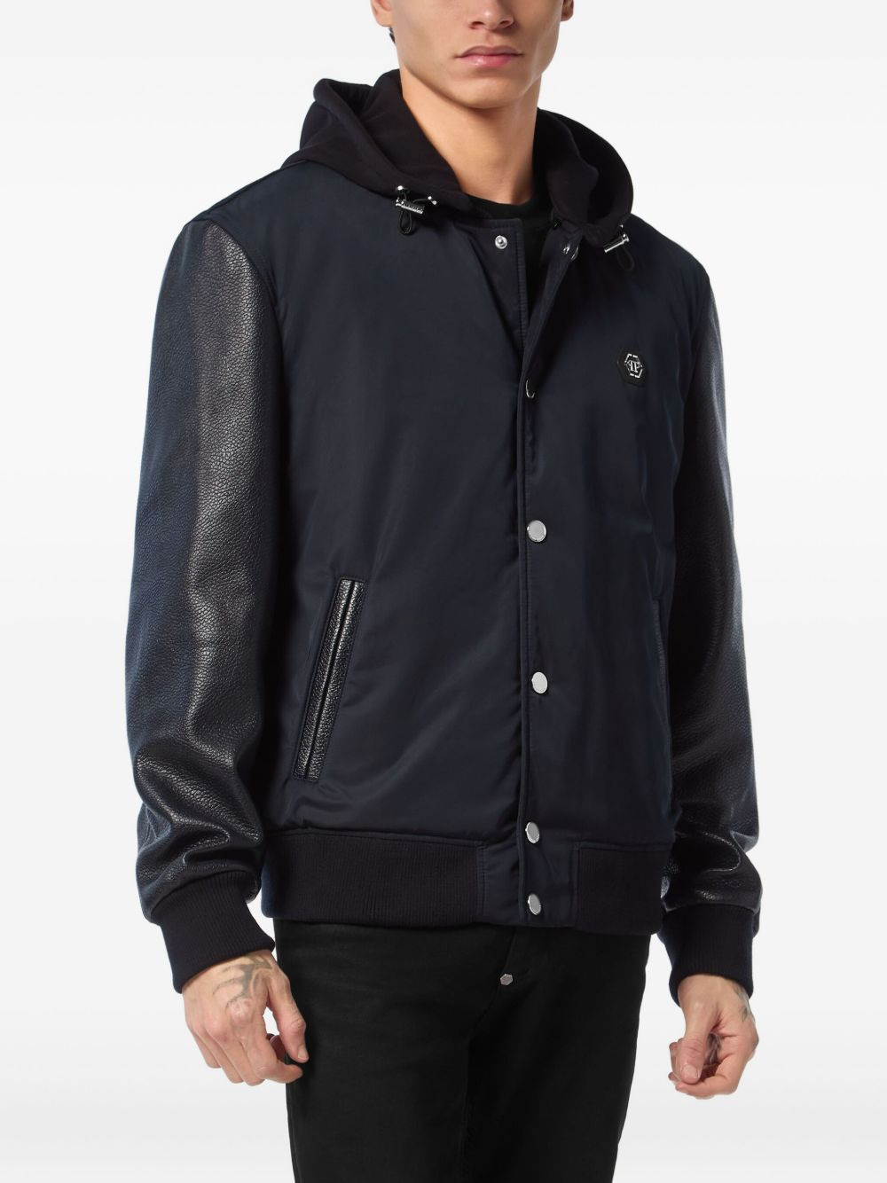 leather-sleeve hooded bomber jacket - 2