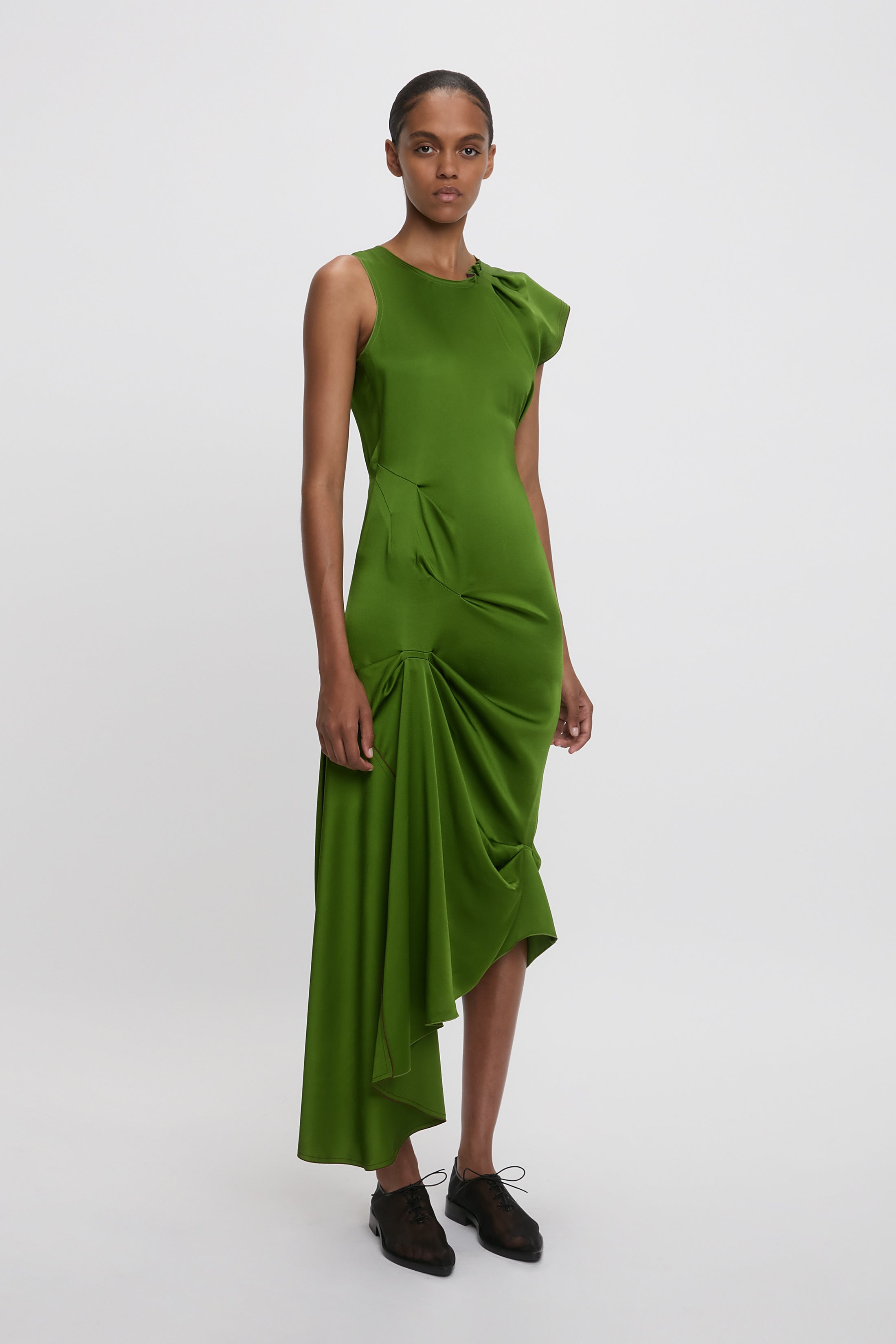 Draped Tuck Detail Midi Dress in Algae Green - 3