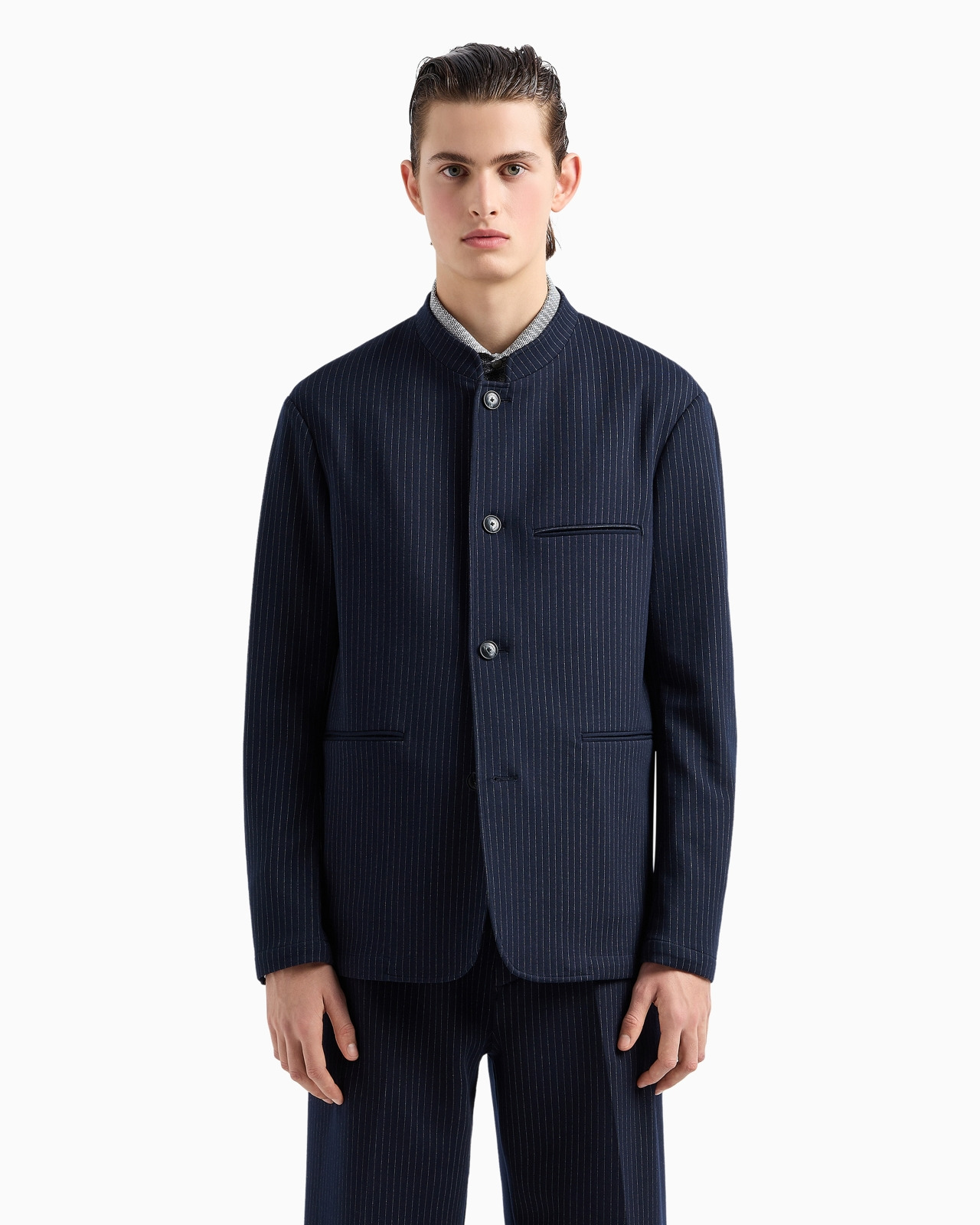 Pinstriped viscose-blend jersey jacket with guru collar - 2