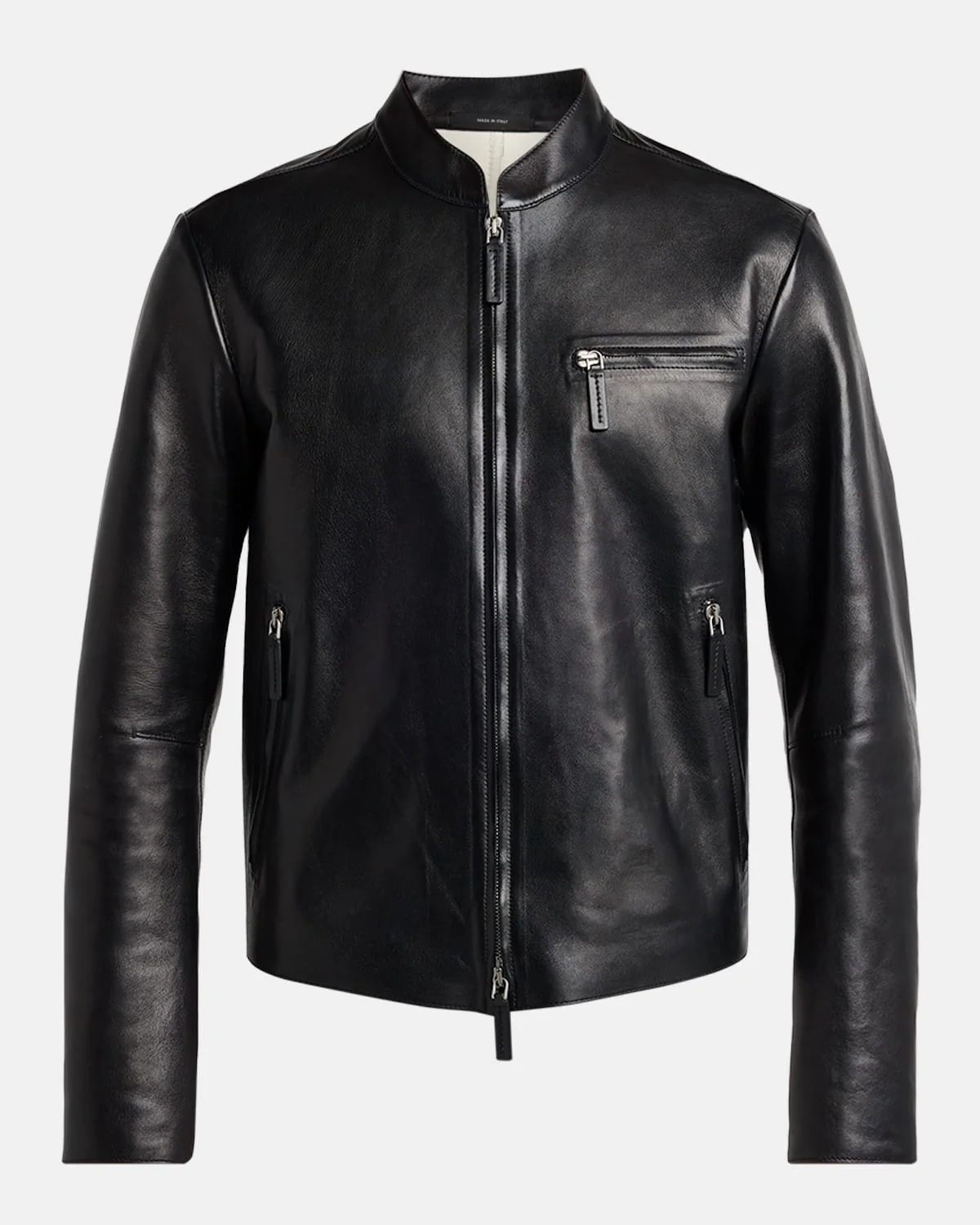 Men's Leather Band-Collar Biker Jacket - 1