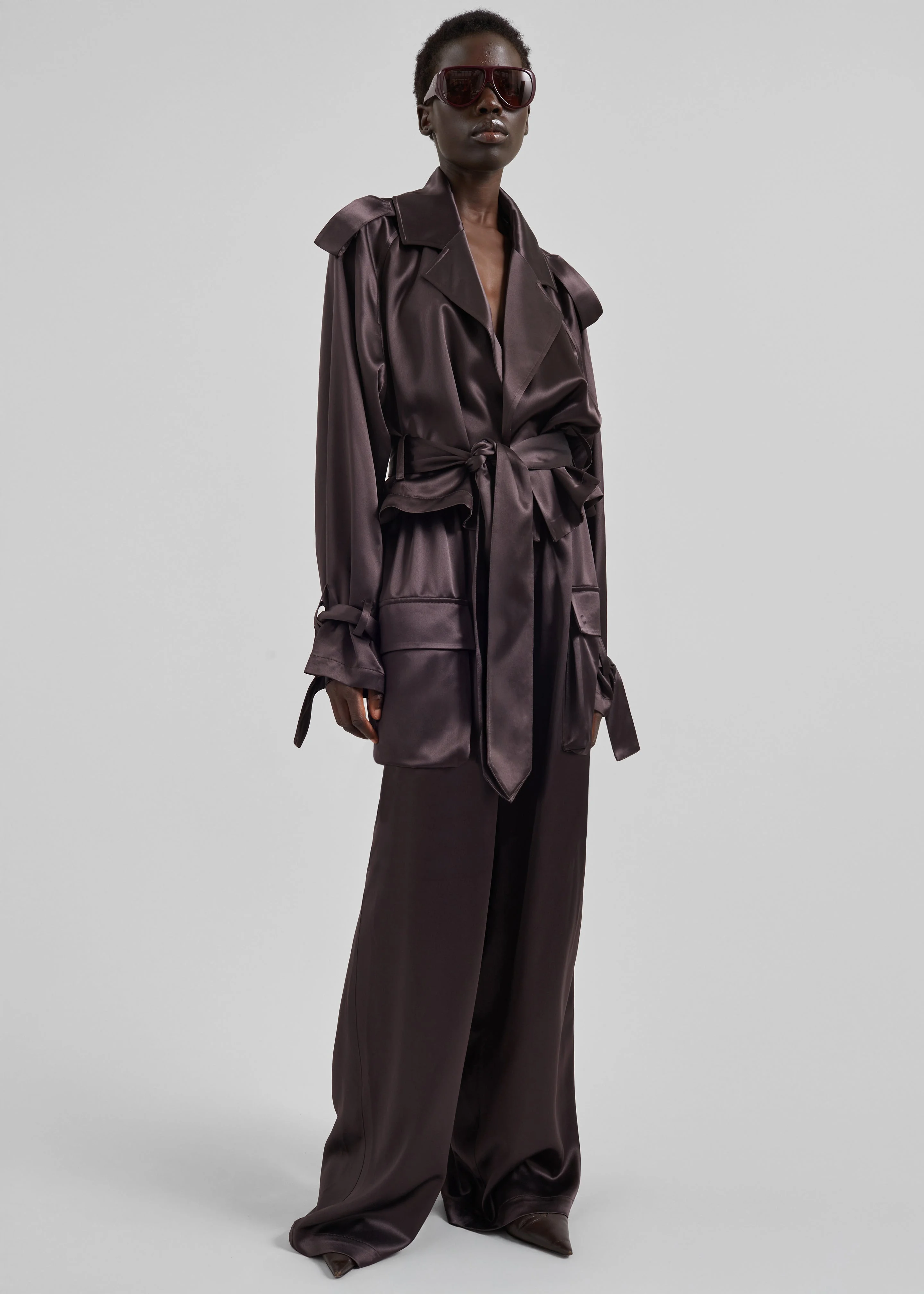 Delny Satin Cargo Pants - Dark Brown - 1
