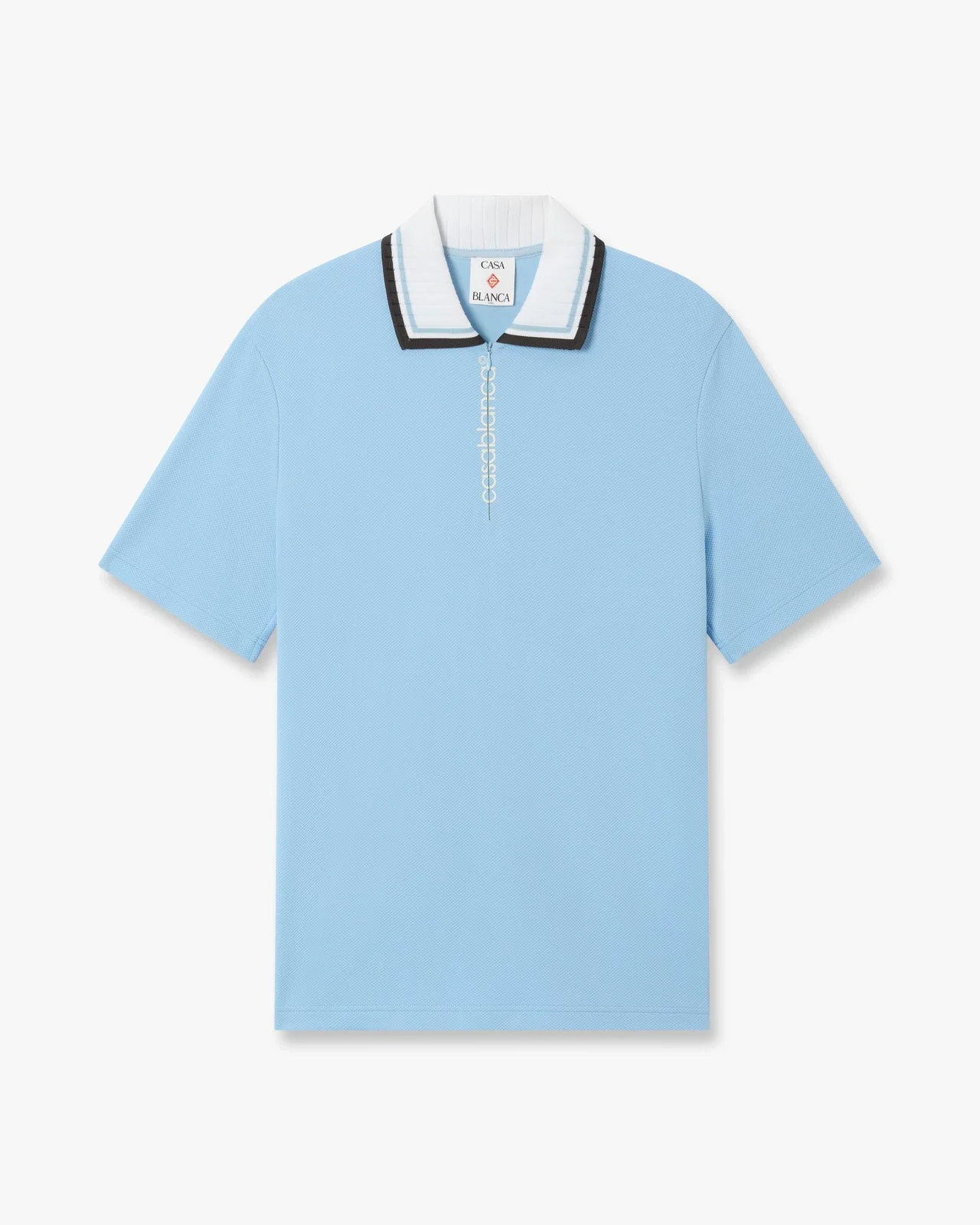 Pale Blue Pique Quarter Zip Short Sleeve Polo Shirt | Casablanca Paris - 1