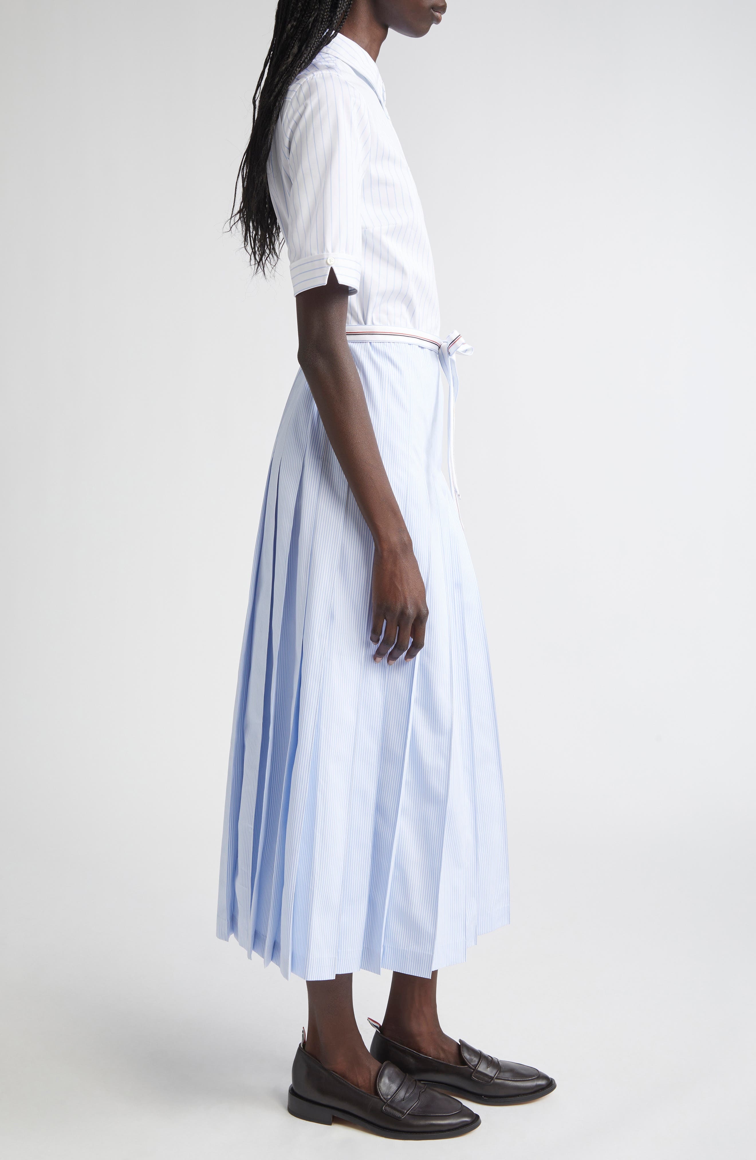 Thom Browne Mixed Stripe Pleated Button-Down Shirtdress in Light Blue at Nordstrom - 3