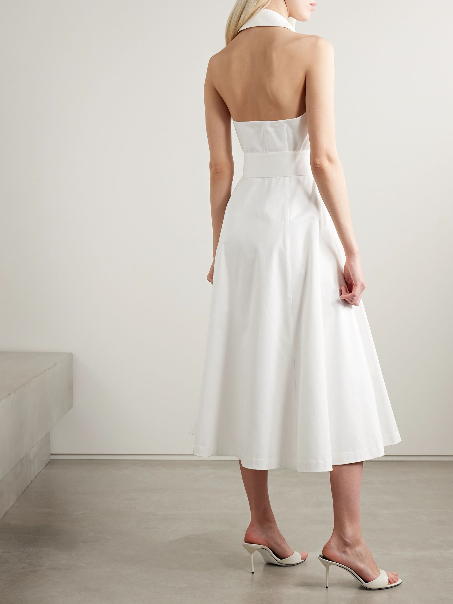 Belted cotton-blend sateen halterneck midi shirt dress White - 3