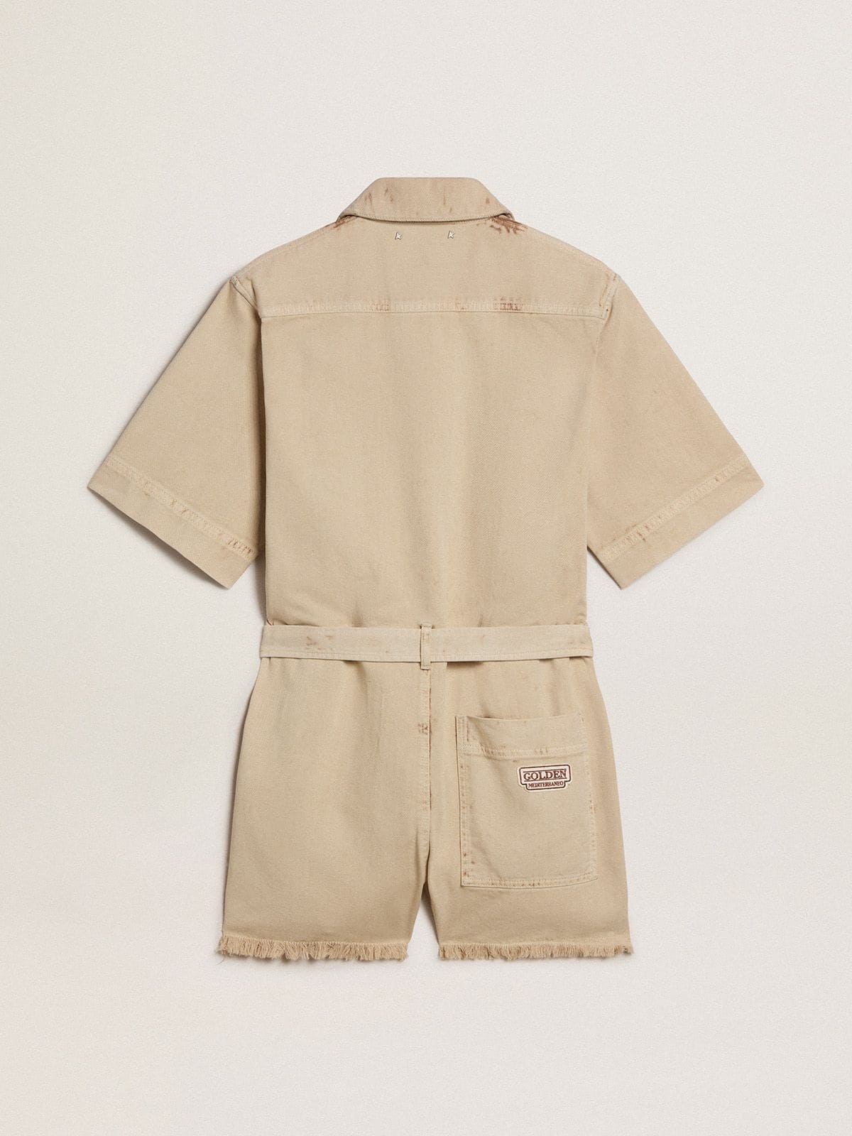 Women's romper in beige denim with belt and frayed hem - 6