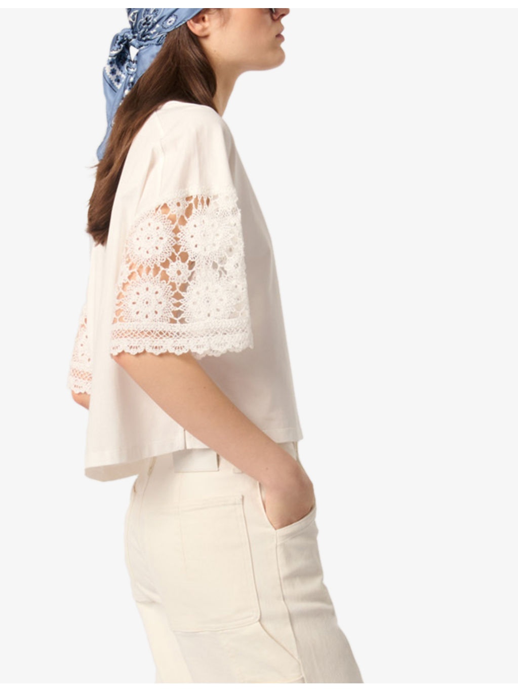 Crochet-Sleeve Round-Neck Cotton T-Shirt - 3