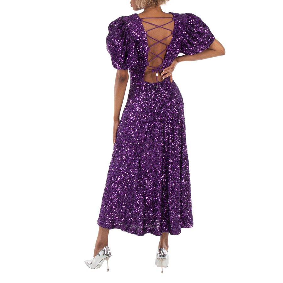 Rotate Ladies Purple Magic Sequins Puff Sleeve Dress - 4