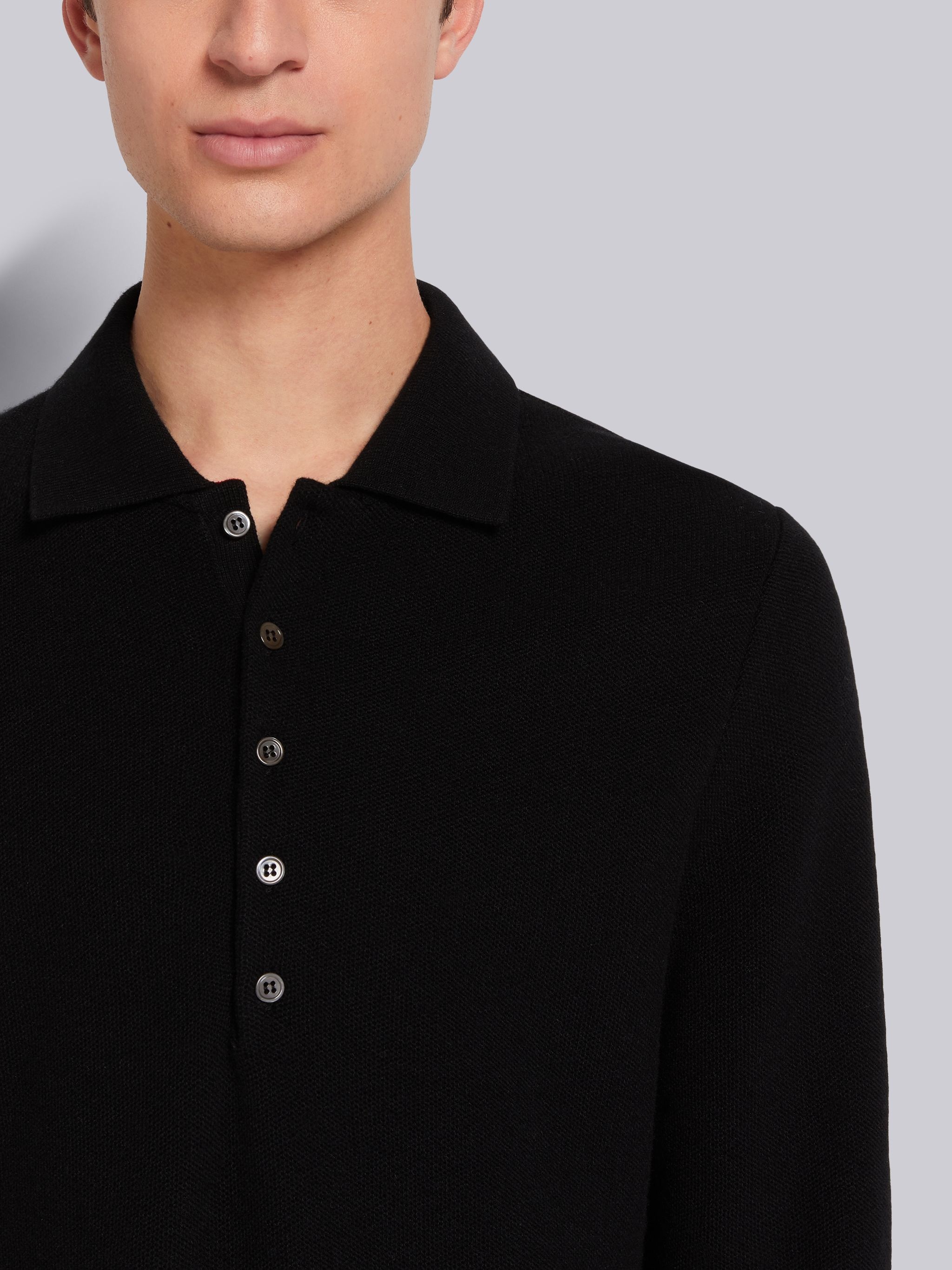 Black Cashmere Pique Long Sleeve Polo - 5