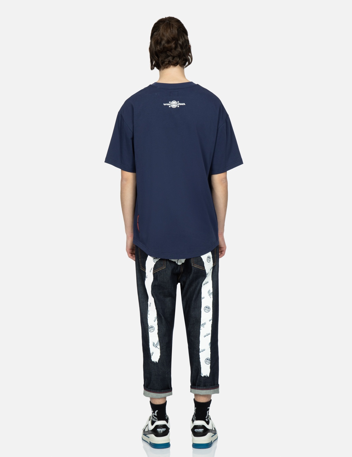 KAMON AND EAGLE-PATTERN BRUSHSTROKE DAICOCK PRINT CROPPED-FIT JEANS #2027 - 5