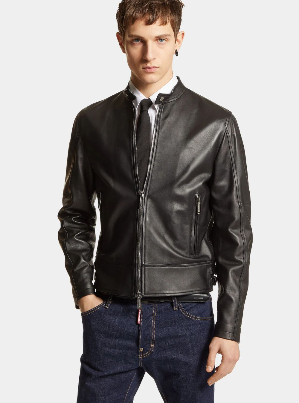 Dsquared2 Men Black Biker Jacket With Mandarin Collar And Waist Straps In Leather Man - 4