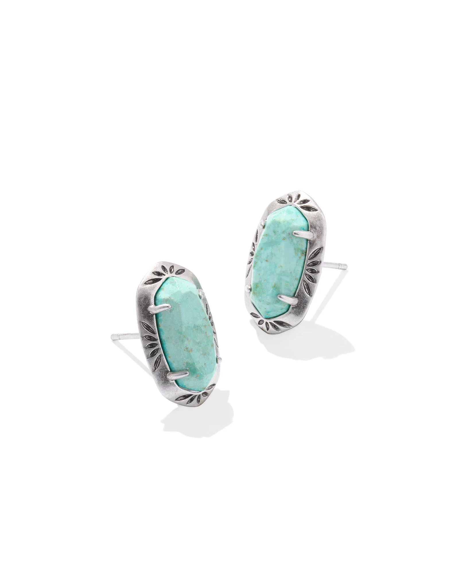 Ellie Vintage Silver Etch Frame Stud Earrings in Sea Green Chrysocolla - 1