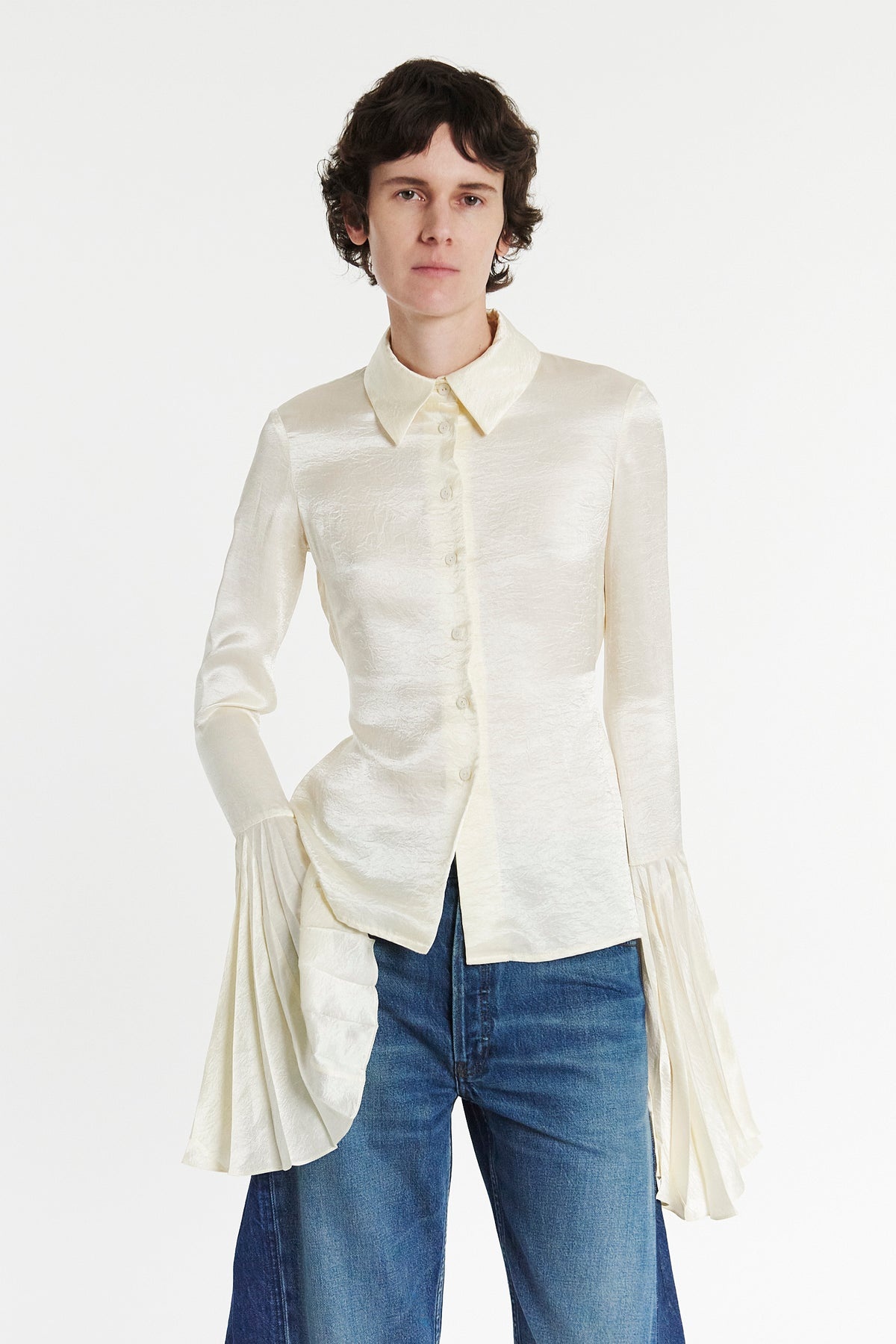 SATIN SHIRT WITH PLEATED BELL SLEEVES IVORY - 7