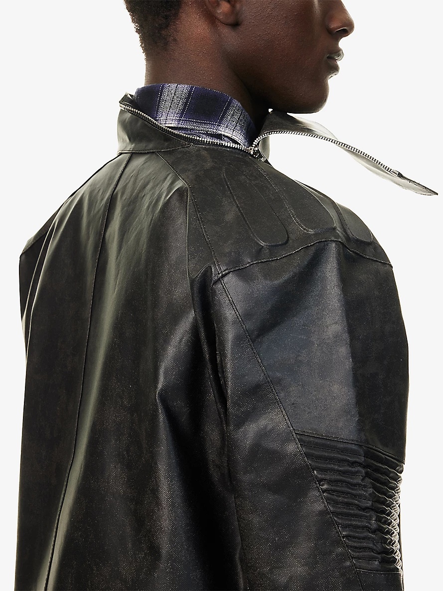Asymmetrical-Neck Zip-Up Leather Jacket - 5