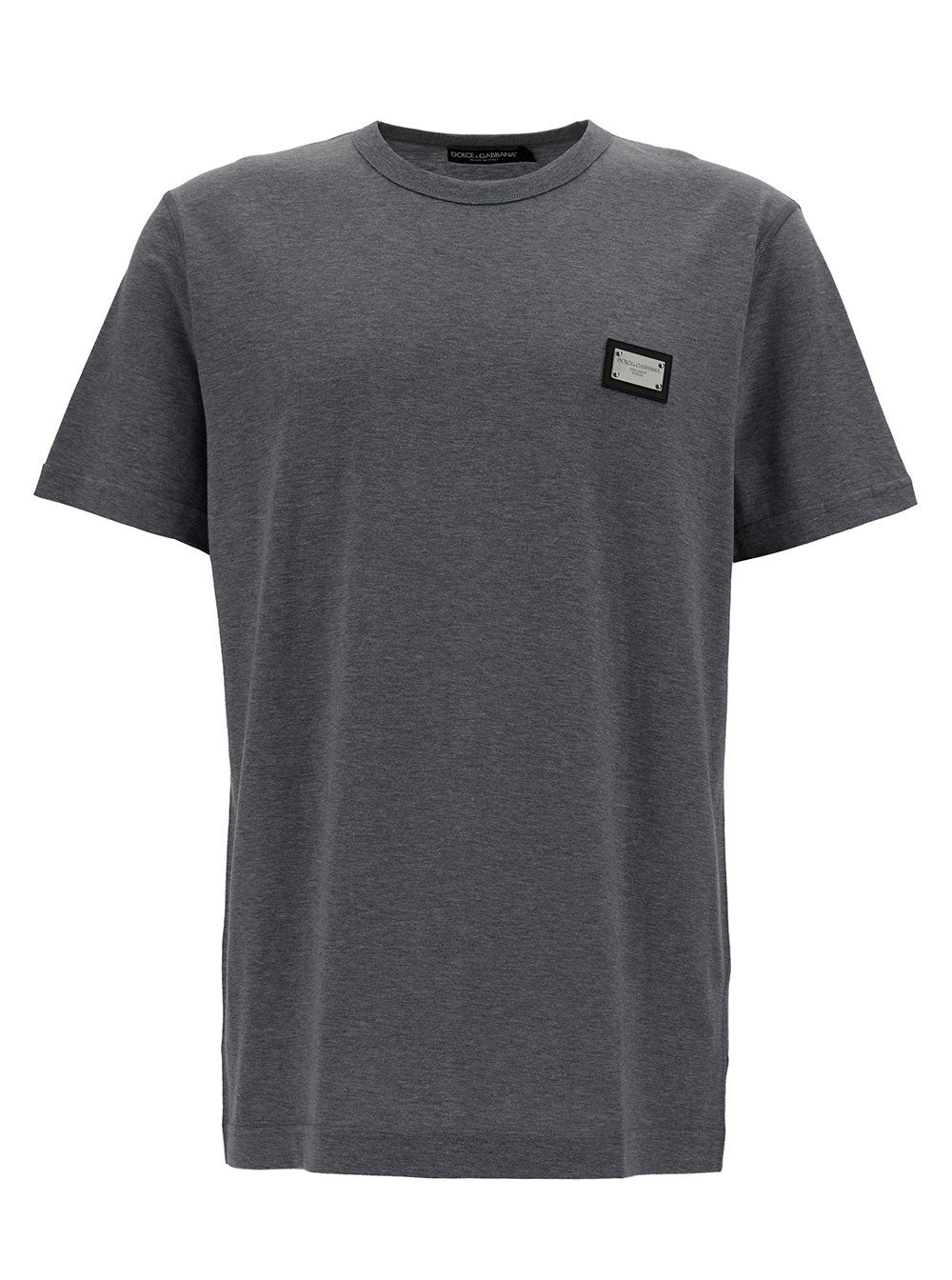 Dolce & Gabbana Men Grey Crewneck T-Shirt With Logo Plaque In Cotton Man - 1