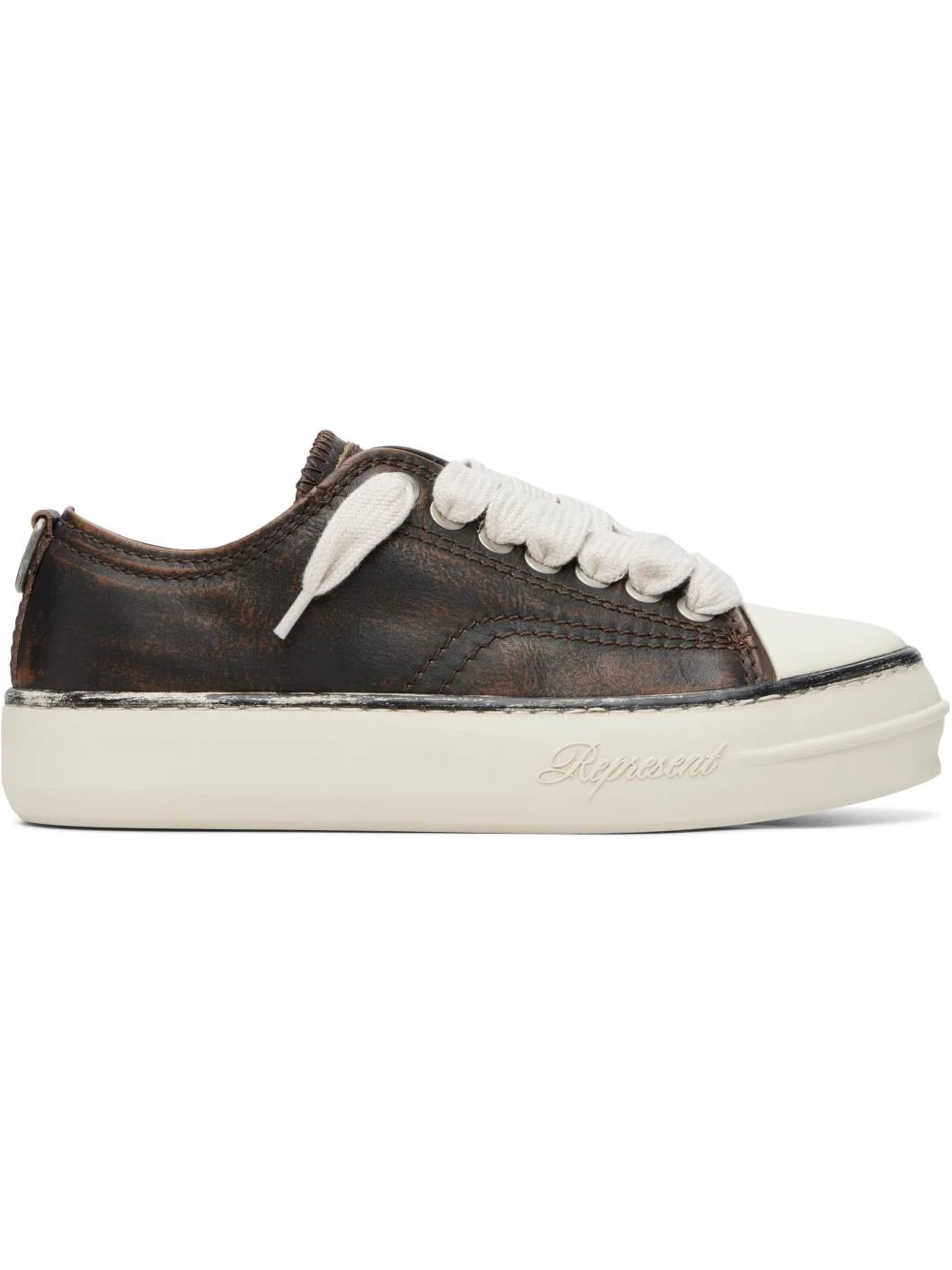 Brown Rep-Cap Distressed Leather Sneakers - 1
