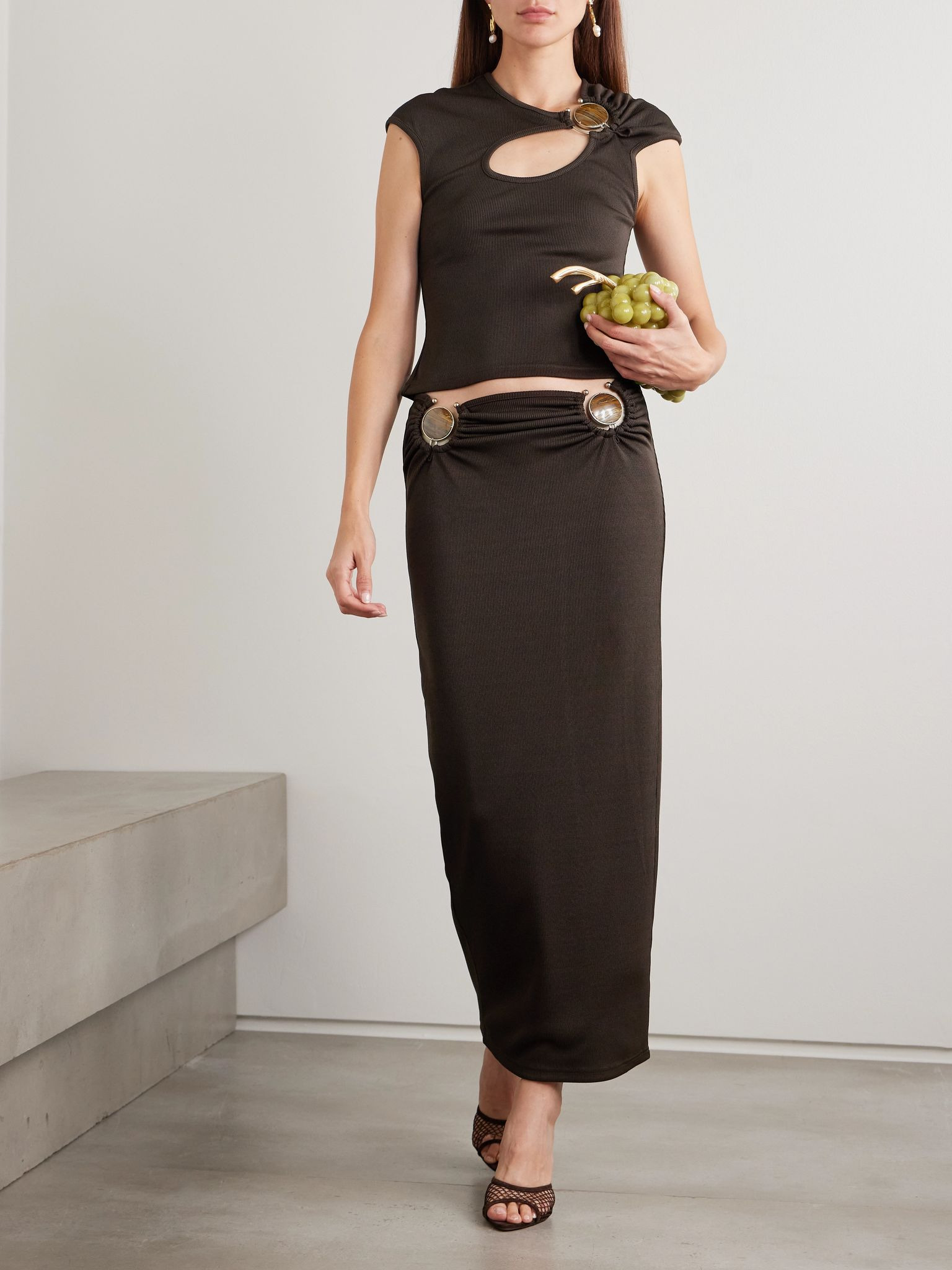 Mineral Stone Hollow cutout embellished ribbed jersey T-shirt Brown - 2