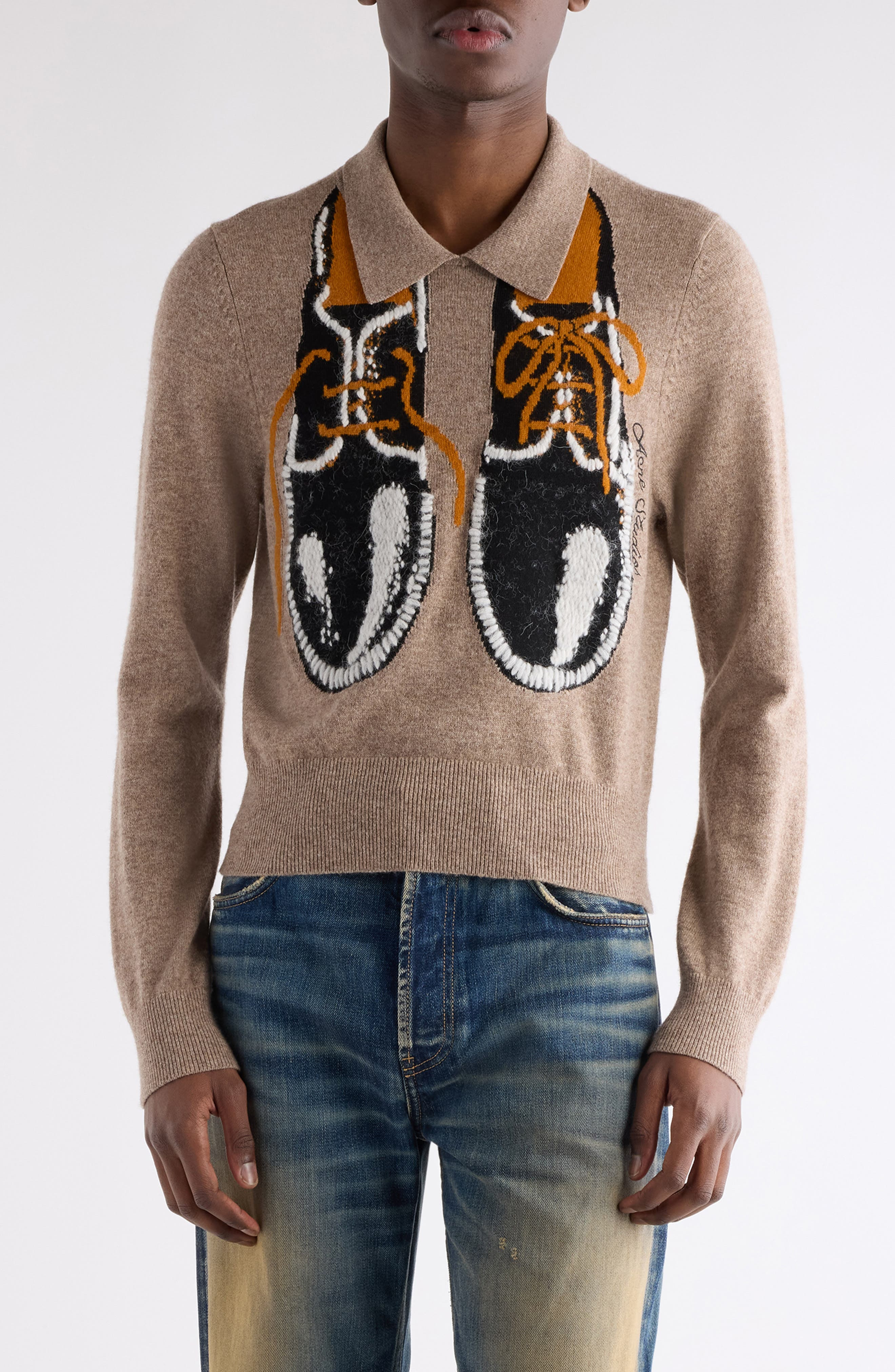 Acne Studios Klastron Shoes Intarsia Richard wool & Yak Hair Blend Polo Sweater in Greige Melange at - 1