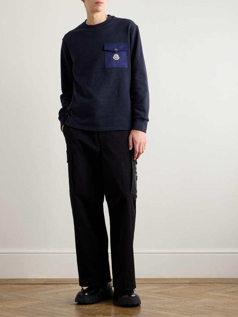 Moncler Zip-Detailed Logo-Appliquéd Twill-Trimmed Cotton-Jersey Sweatshirt Navy outlook
