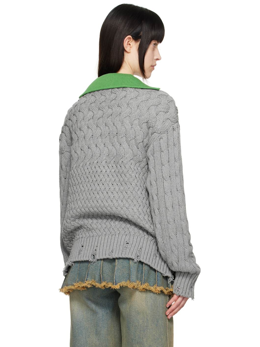 Gray Green Collar V-Neck Cardigan - 3