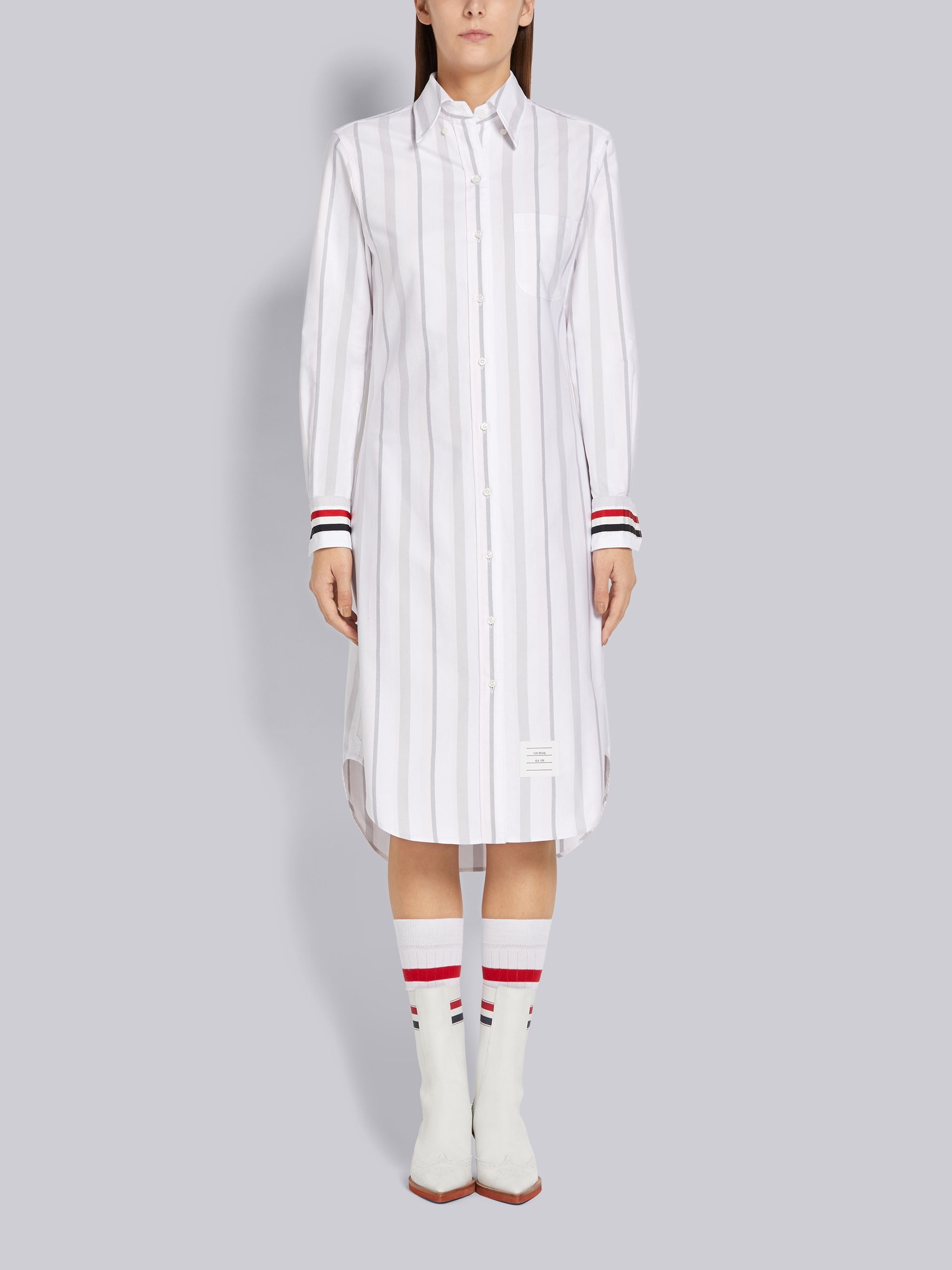 Light Pink Alternating Wide Stripe Cotton Oxford Long-sleeved Button Down Point Collar Shirtdress - 1