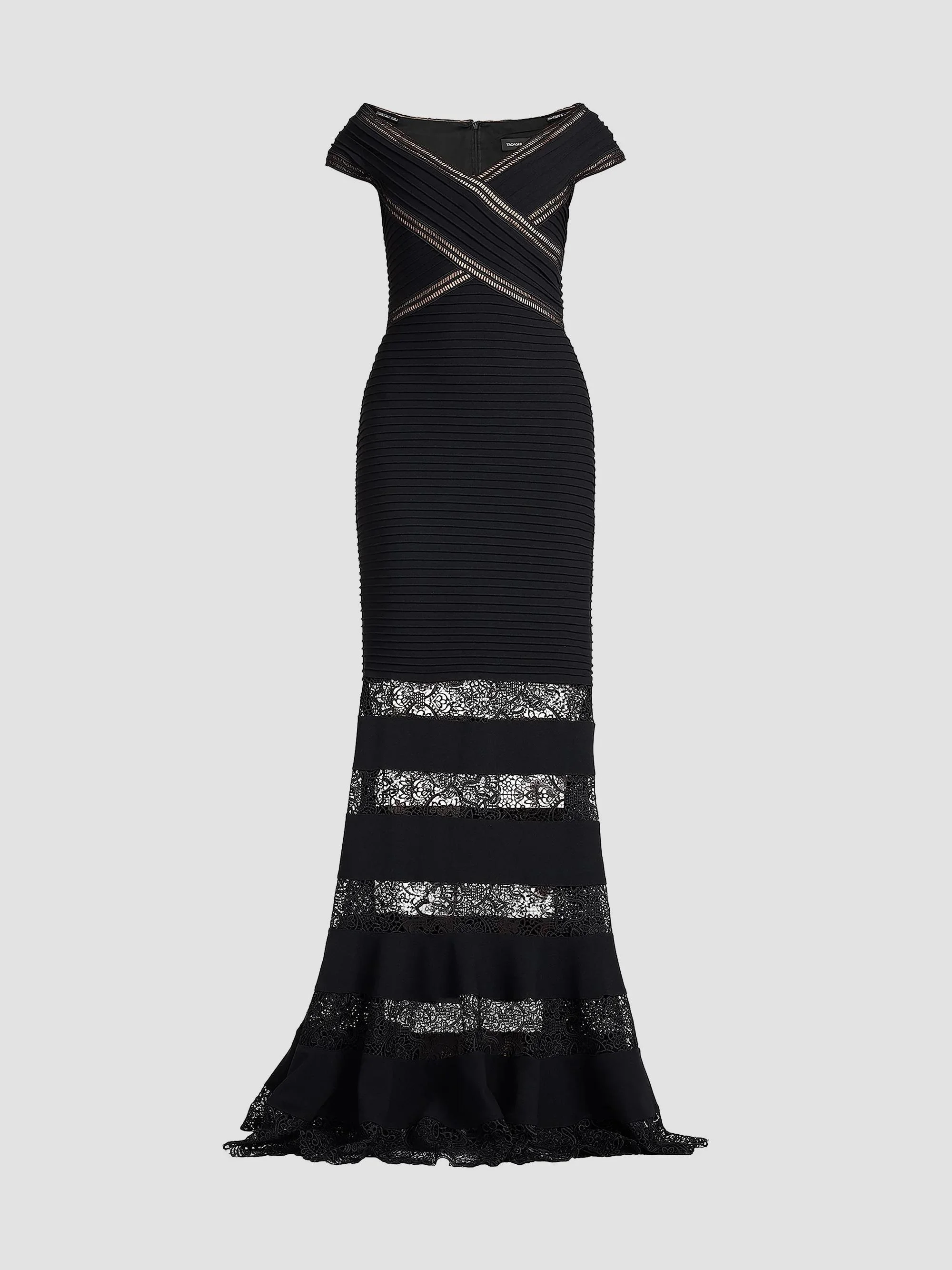 Women's Embroidered Lace Portrait Mermaid Gown - Black - 1