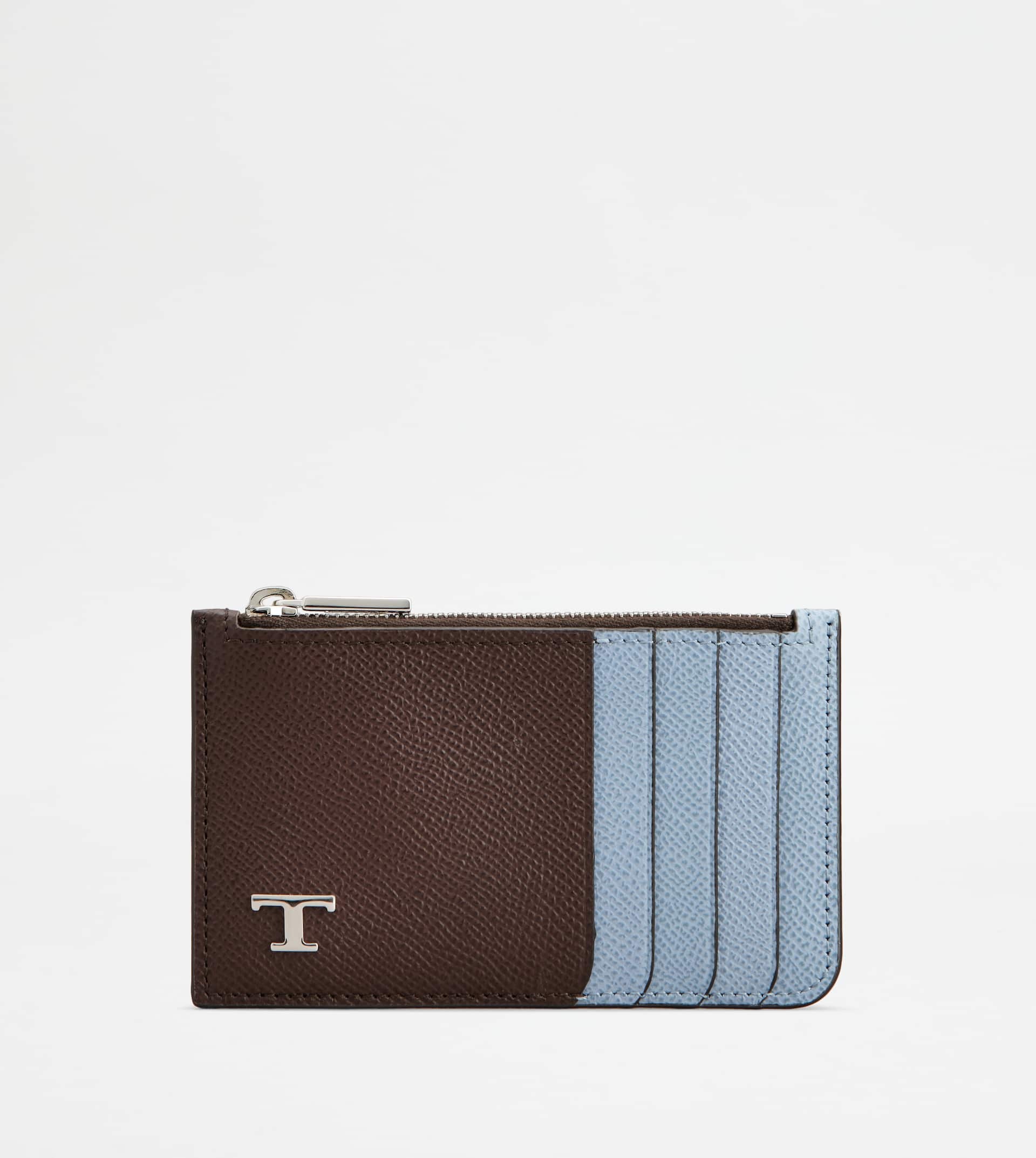 CARD HOLDER IN LEATHER - BROWN, SKY BLUE - 1
