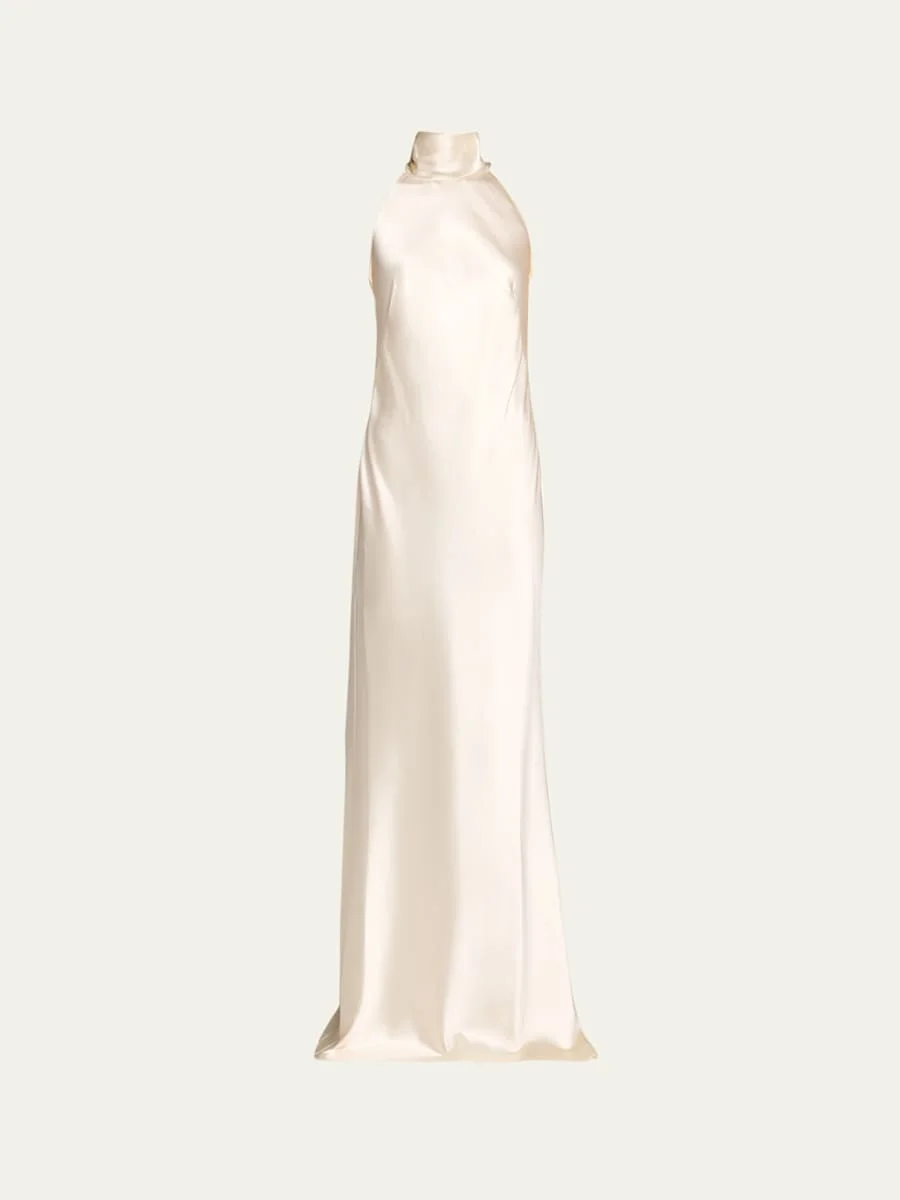 Chilton Stretch Satin Sleeveless Halter Gown - 1