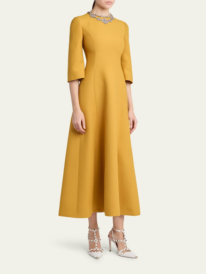 Crystal Embroidered Silk-Wool 3/4-Sleeve Midi Dress 4