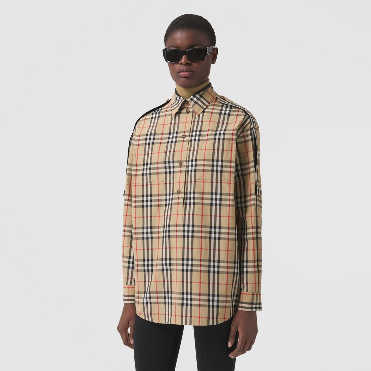 Strap Detail Vintage Check Cotton Oversized Shirt - 2