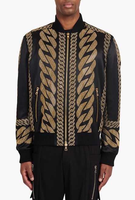 Black silk bomber jacket with gold-tone chain embroidery - 5