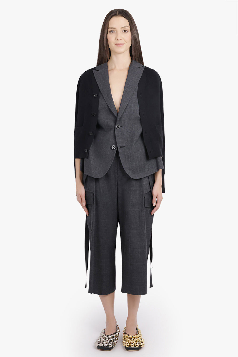 GLEN CHECK PRINT JACKET WITH KNIT CARDIGAN OVERLAY | BLACK/GREY - 5