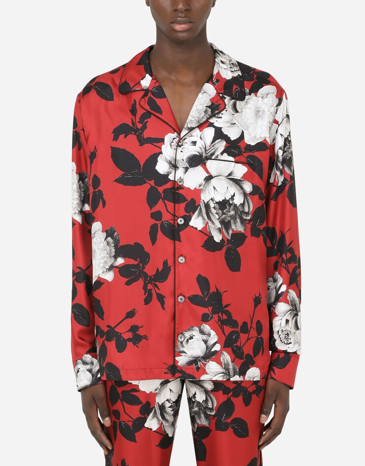 Camellia-print silk pajama shirt - 1