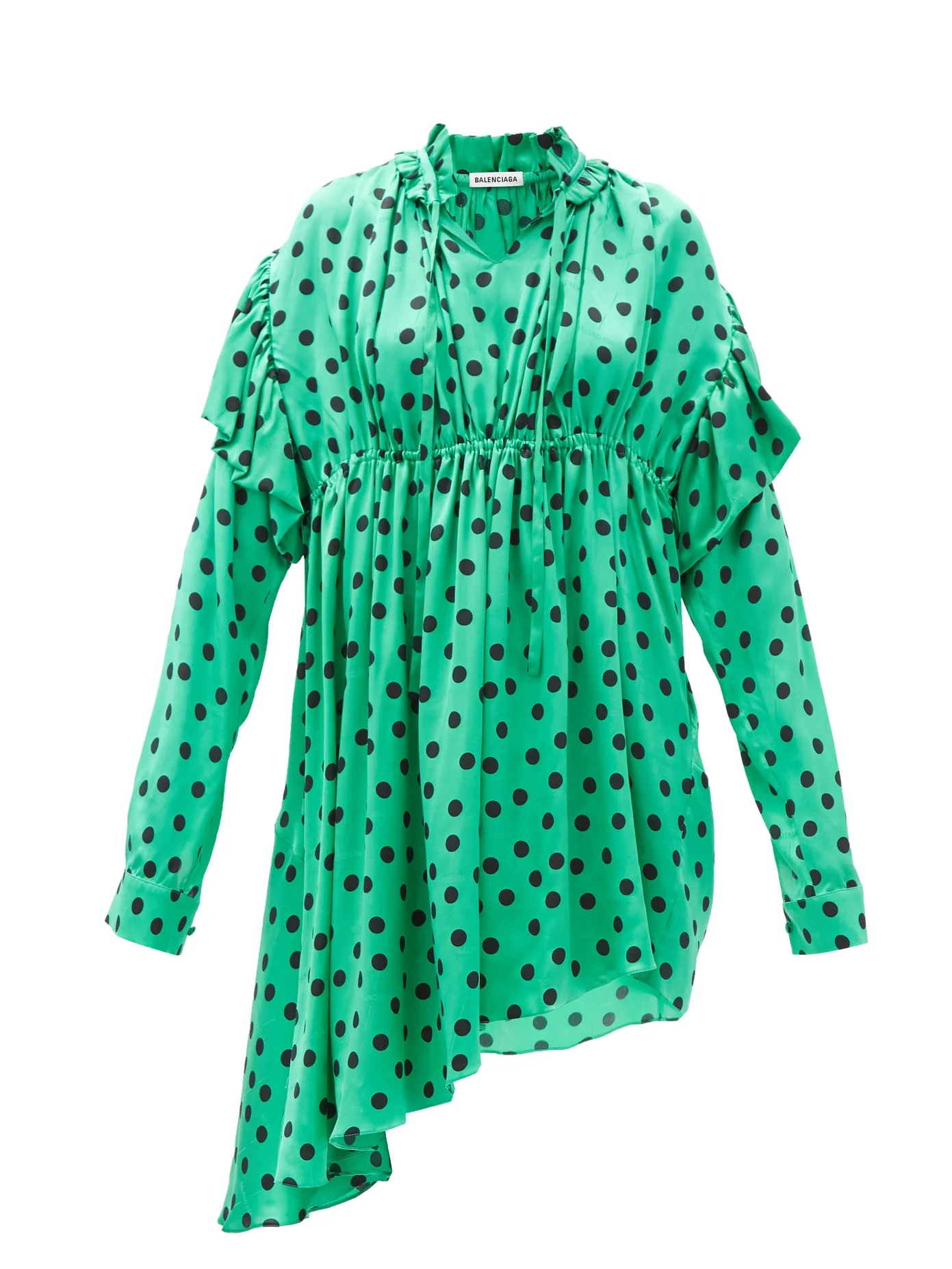 Polka-dot gathered silk-satin dipped-hem dress - 1