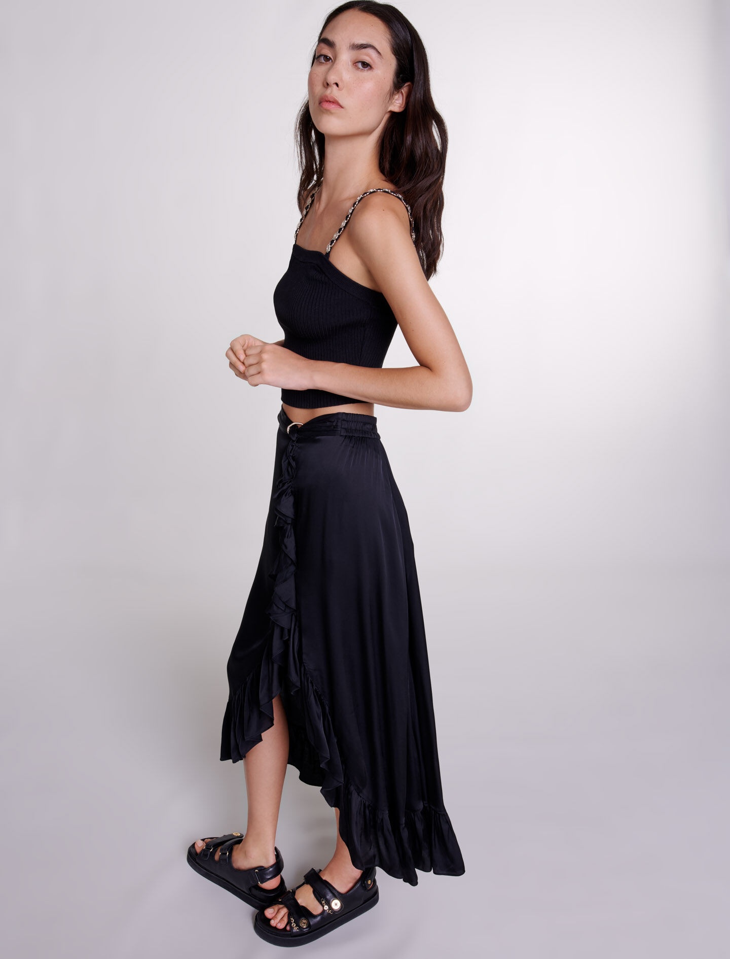 Long satin-effect ruffled skirt - 7