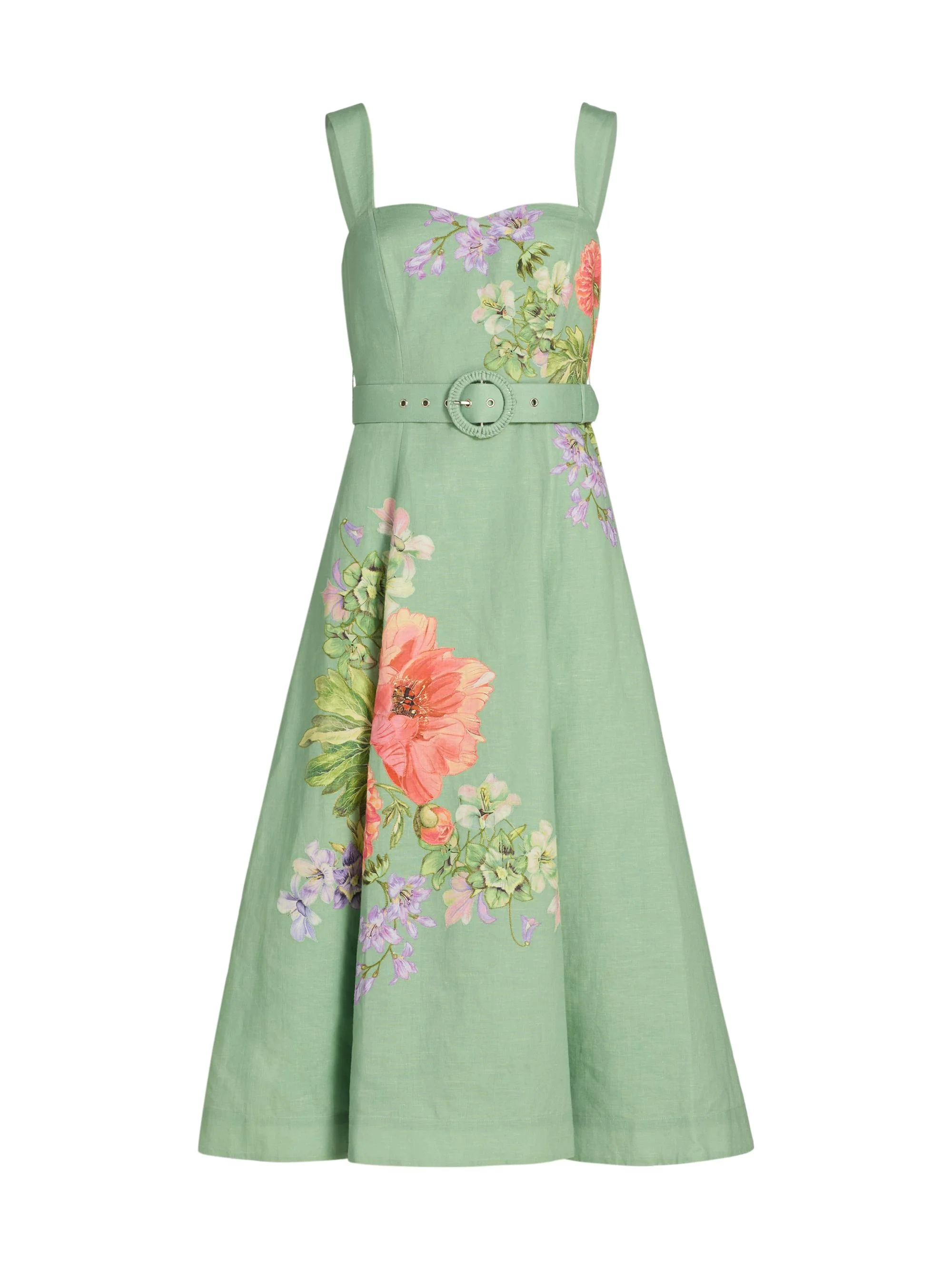Women's Tie-Waist Floral A-Line Midi-Dress - Green - 1