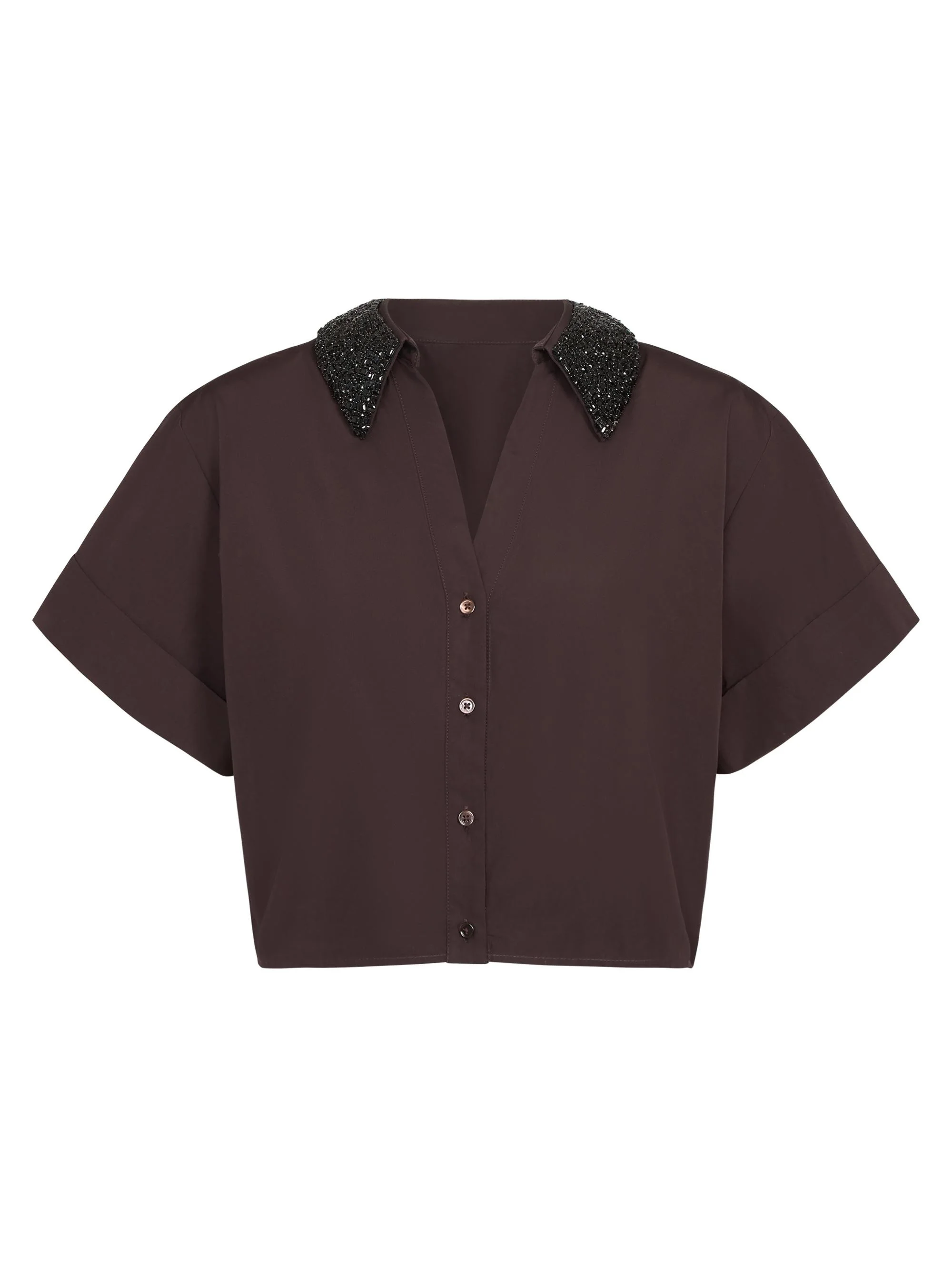 Women's She Comes And Goes Again Embellished Crop Shirt - Chocolate - 1