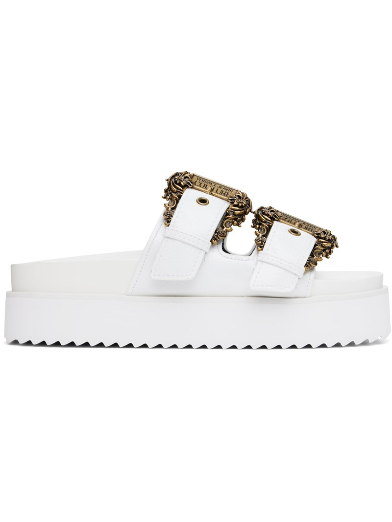 White Baroque Buckle Arizona Flat Sandals - 1