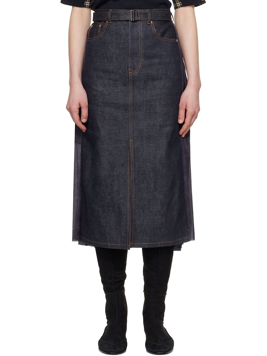 Navy Paneled Denim Midi Skirt - 1