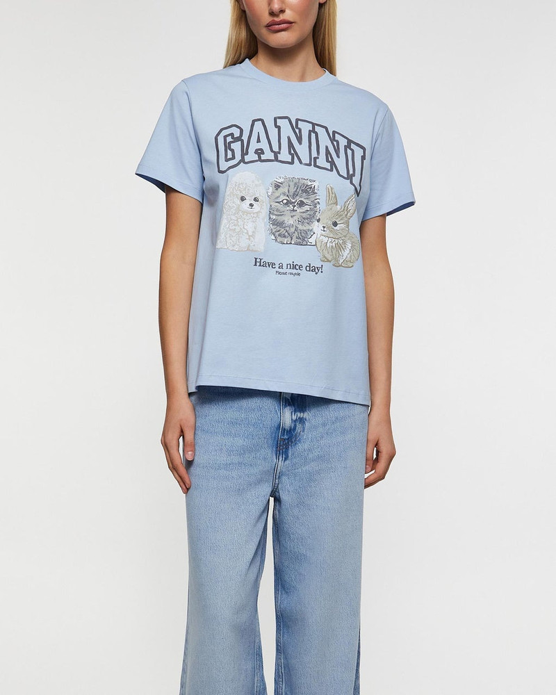 GANNI T-Shirt Basic Cotton Animals Relaxed Light blue outlook