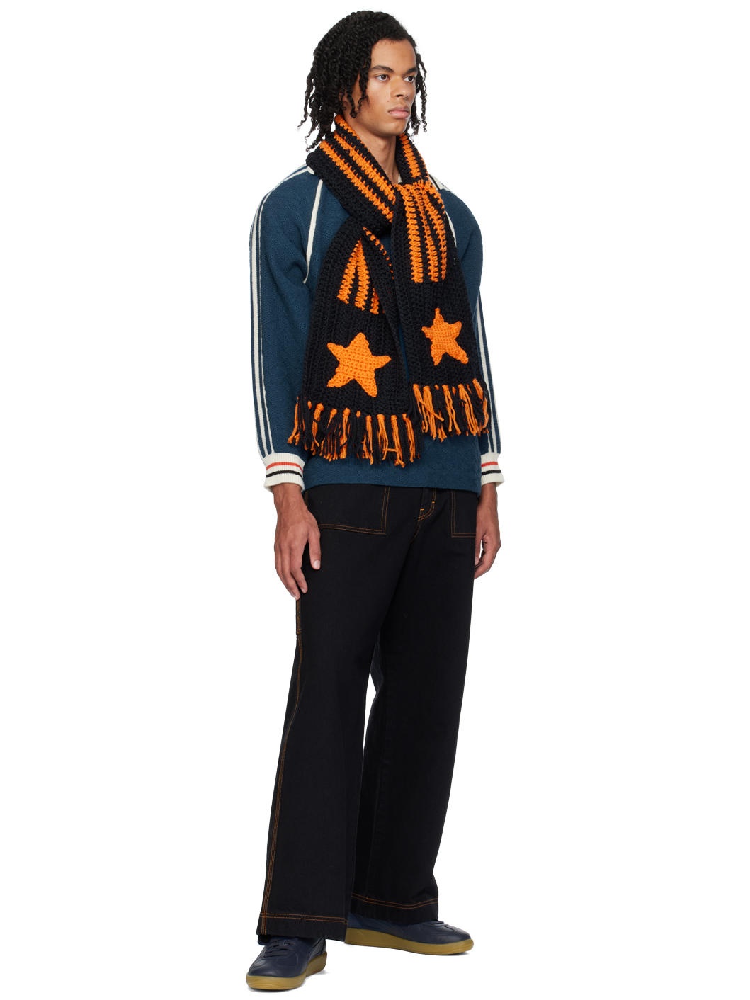 Black & Orange Hand Knitted Crochet Scarf - 3