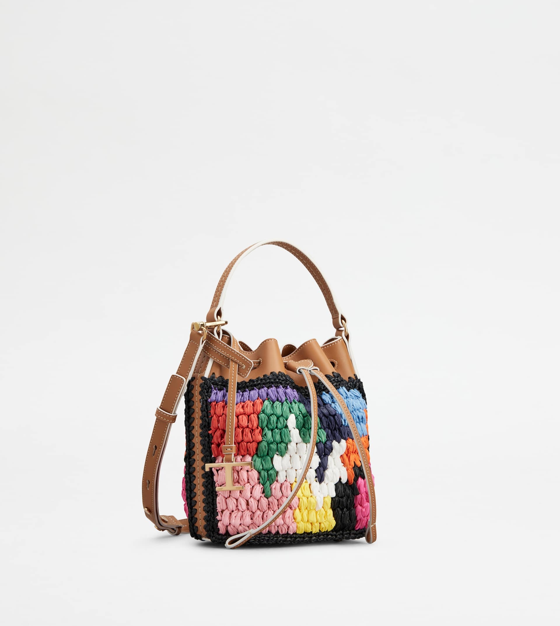 BUCKET BAG IN LEATHER AND RAFFIA MICRO - BROWN, BLACK, RED - 2