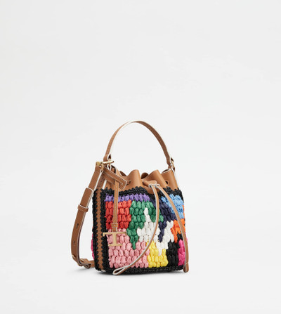 Tod's BUCKET BAG IN LEATHER AND RAFFIA MICRO - BROWN, BLACK, RED outlook
