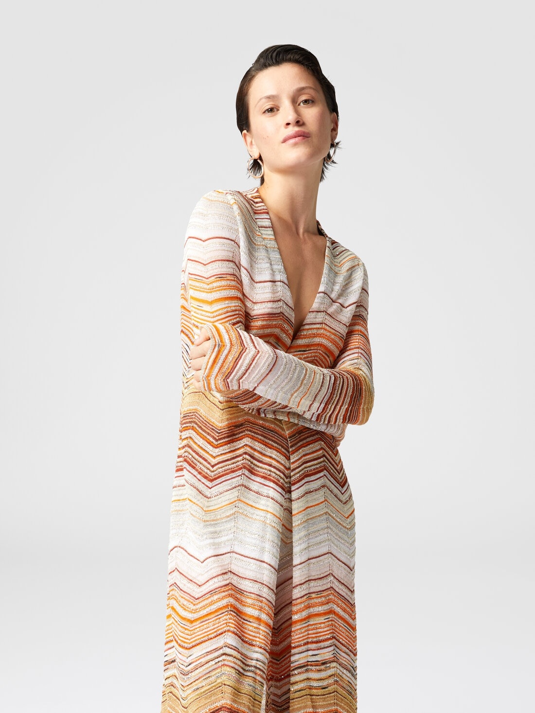 Long chevron lamé cardigan with sequins and decorative lace - 4