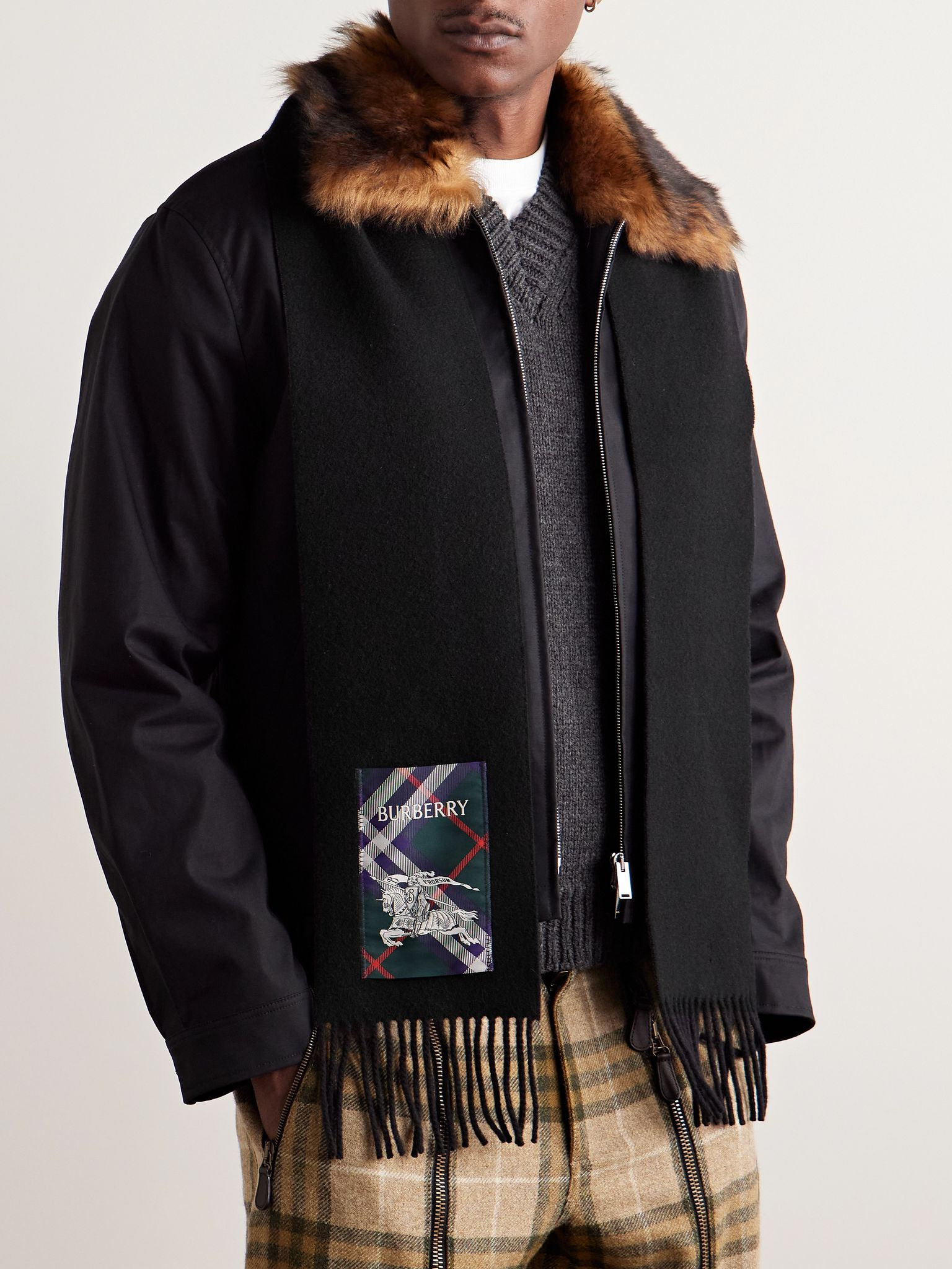 Fringed Appliquéd Cashmere Scarf Black - 2