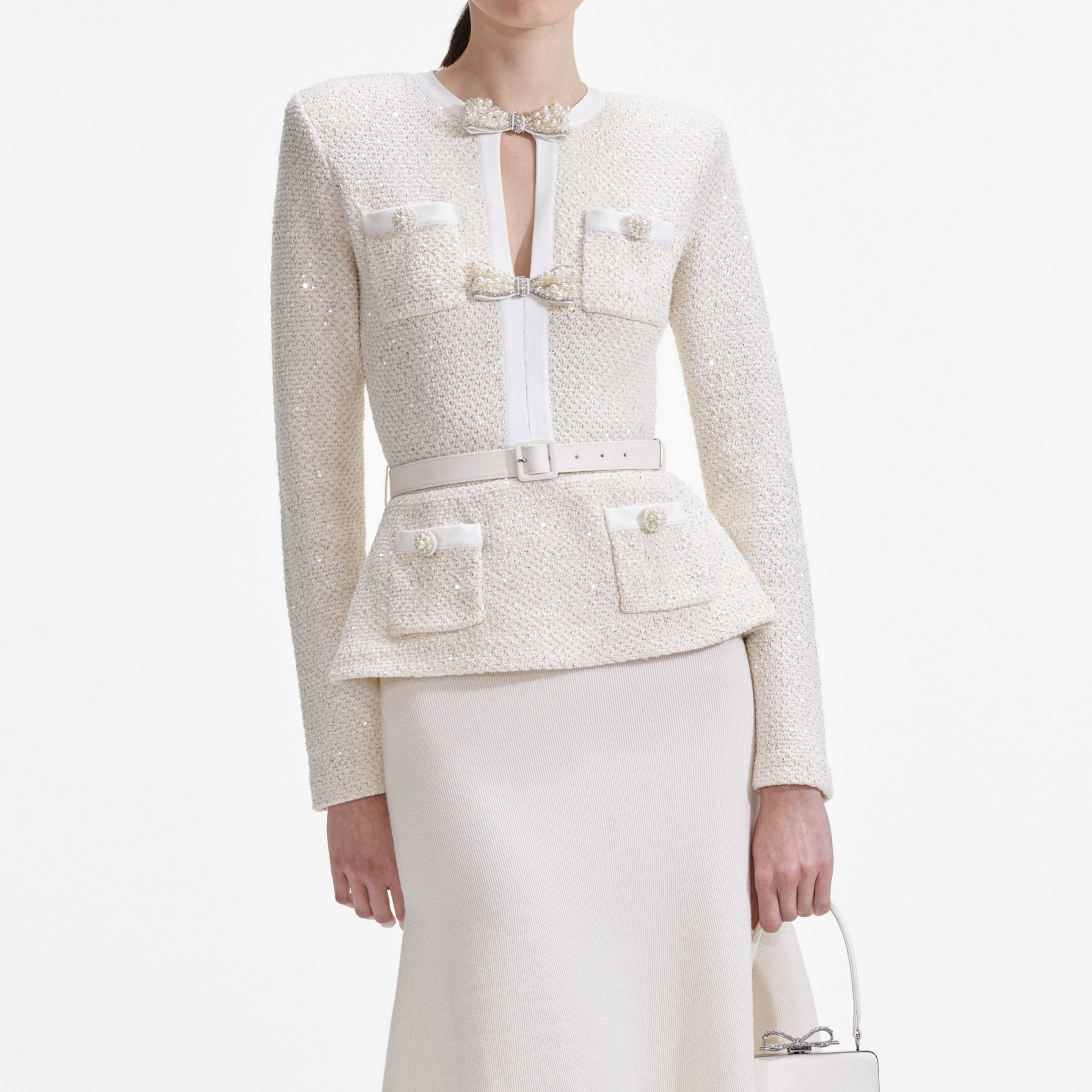 self-portrait Cream Sequin Knit Tailored Midi Dress - SS25-150M-C |  REVERSIBLE