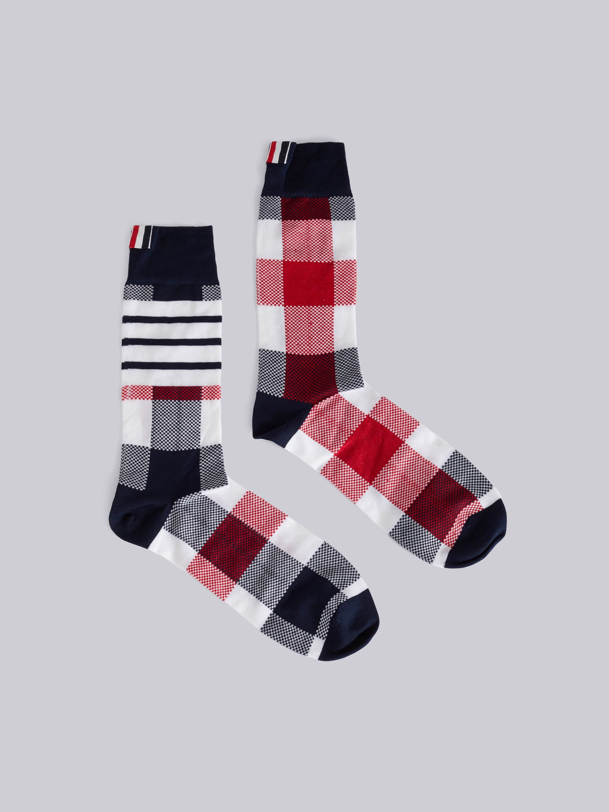 Tricolor Cotton Buffalo Check Mid-calf 4-Bar Socks - 1