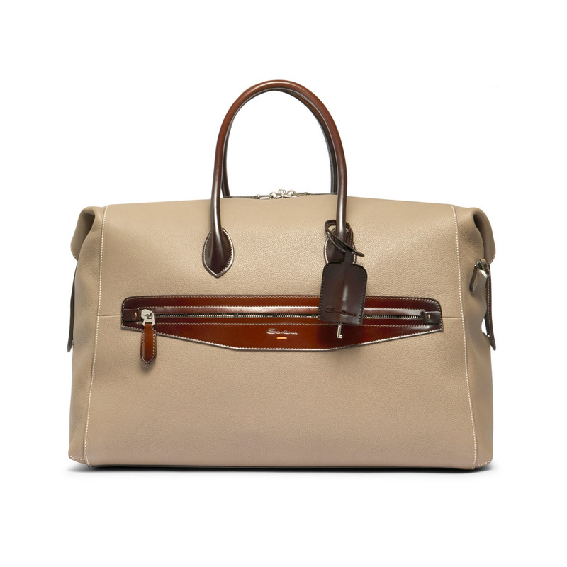 Beige tumbled leather weekend bag 1